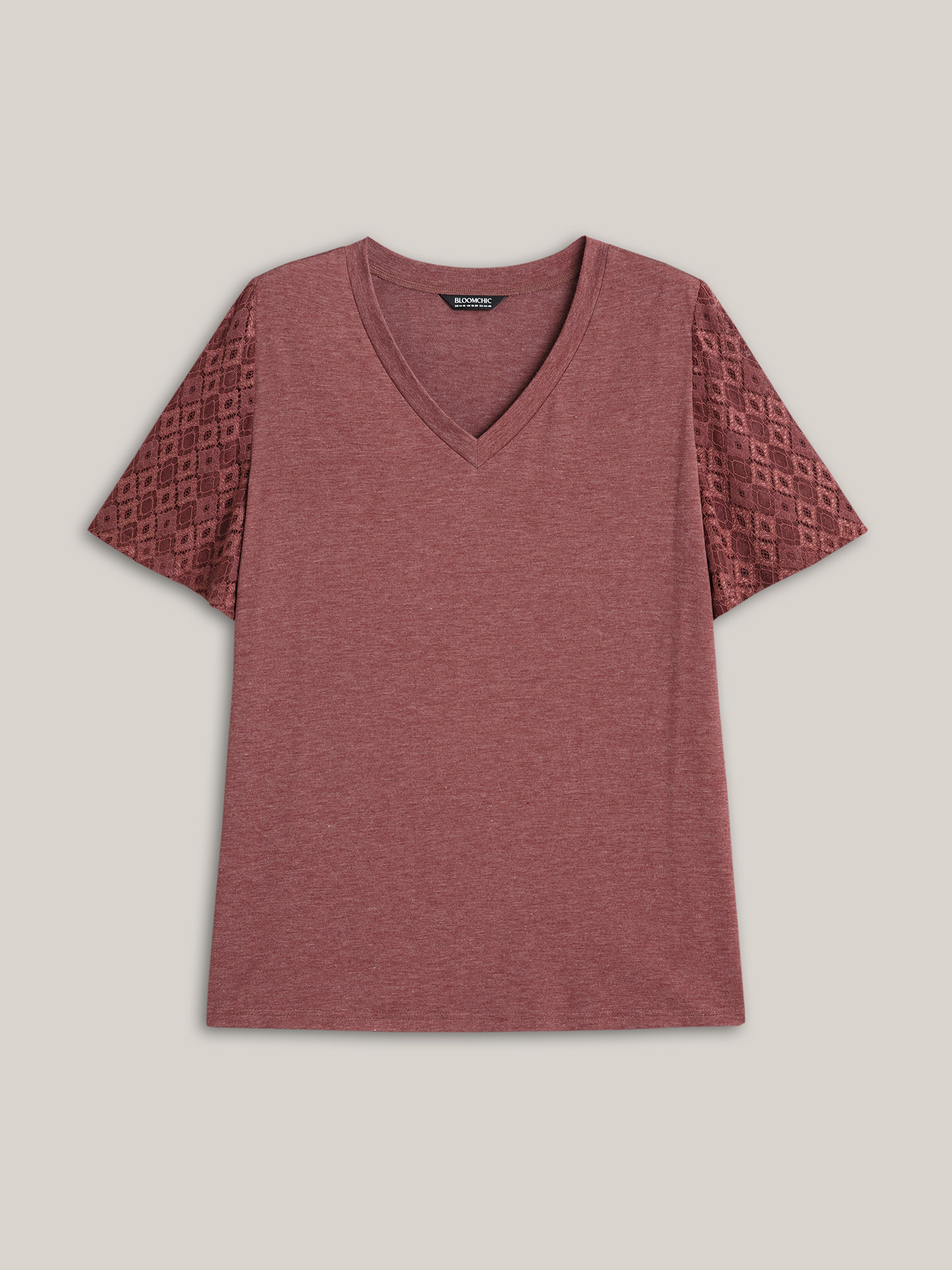 Plus Size Stretchy Flared Lace Sleeves T-Shirt Russet Women Elegant Patchwork V-neck Everyday T-shirts BloomChic 30/6X 