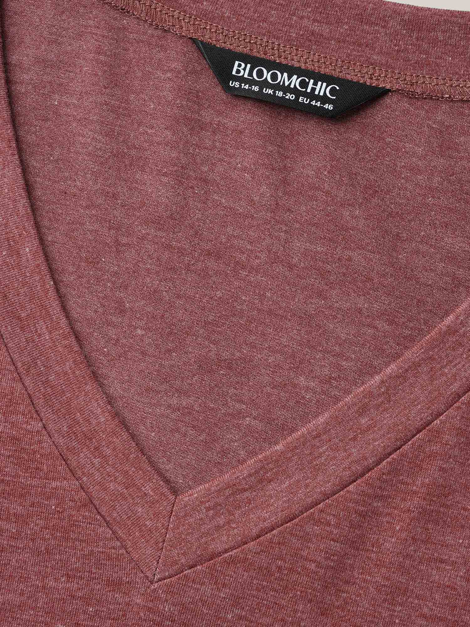Plus Size Stretchy Flared Lace Sleeves T-Shirt Russet Women Elegant Patchwork V-neck Everyday T-shirts BloomChic 30/6X 