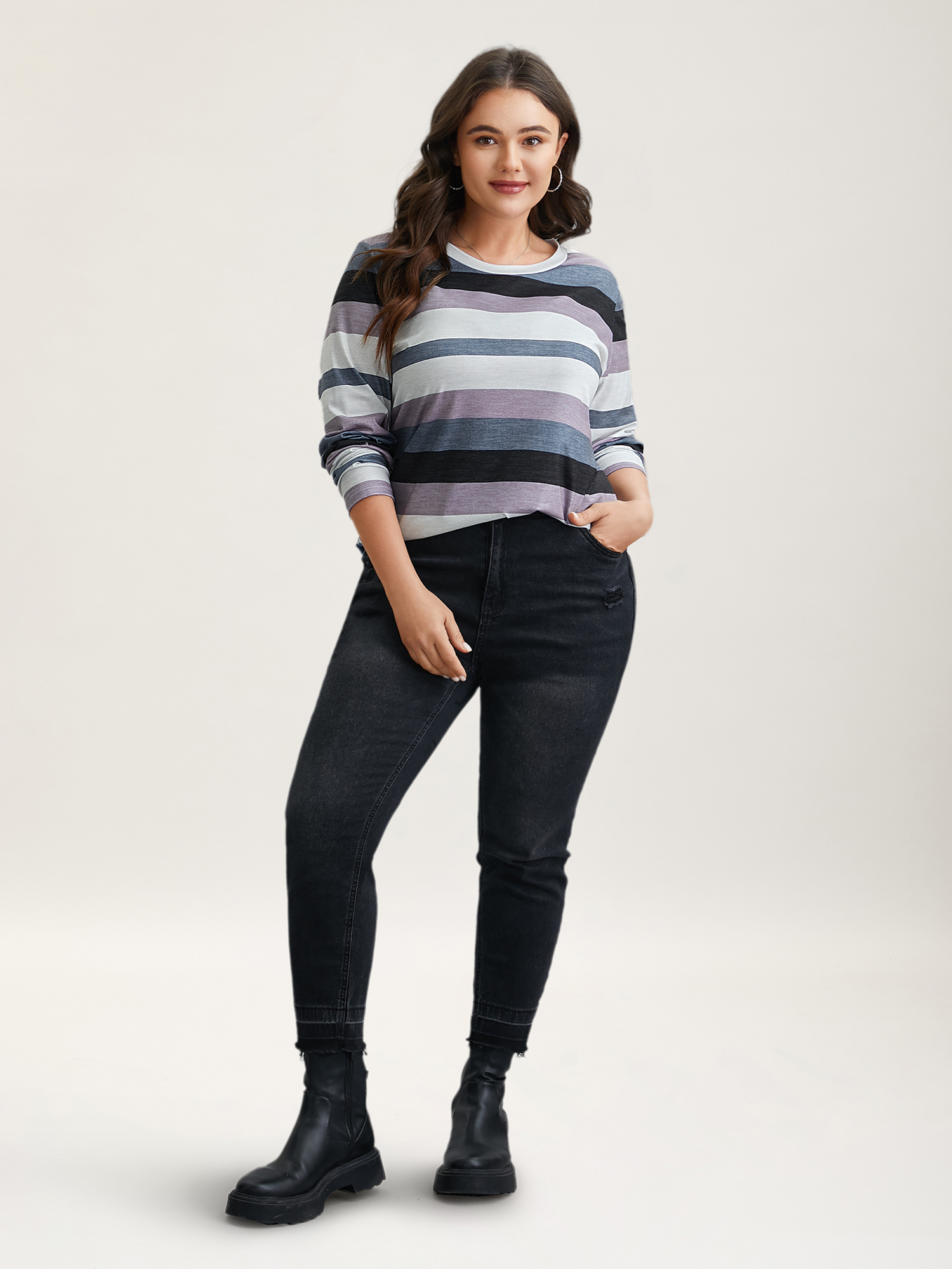 Plus Size Multi-Color Stripes Stretchy T-Shirt Multicolor Women Casual Contrast Round Neck Everyday T-shirts BloomChic 30/6X 