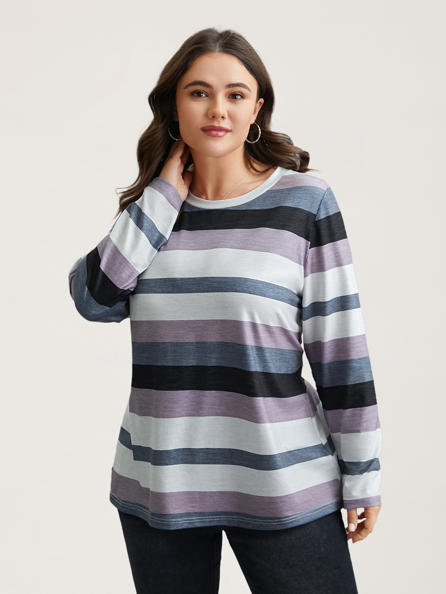 Plus Size Multi-Color Stripes Stretchy T-Shirt Multicolor Women Casual Contrast Round Neck Everyday T-shirts BloomChic 30/6X 