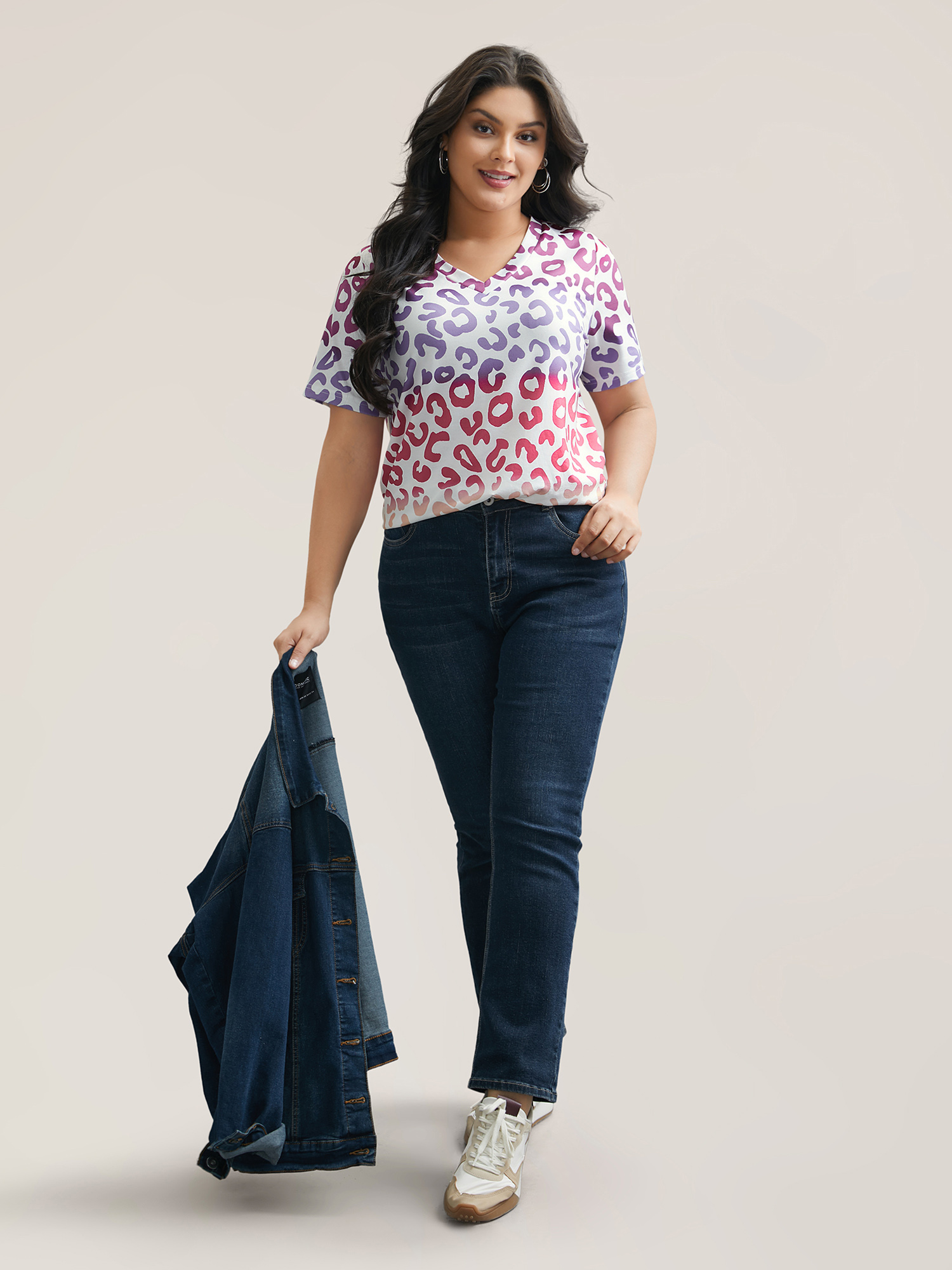 Plus Size Multi-Color Print Stretchy T-Shirt Multicolor Women Casual Contrast V-neck Everyday T-shirts BloomChic 18-20/2X 