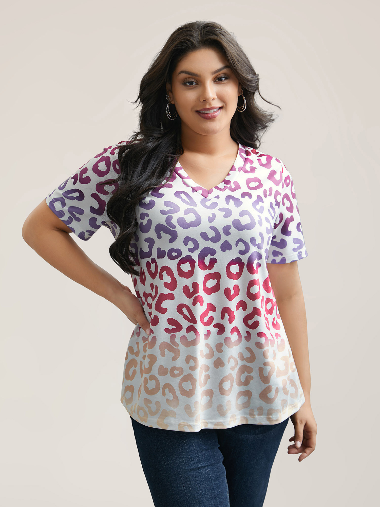 Plus Size Multi-Color Print Stretchy T-Shirt Multicolor Women Casual Contrast V-neck Everyday T-shirts BloomChic 18-20/2X 