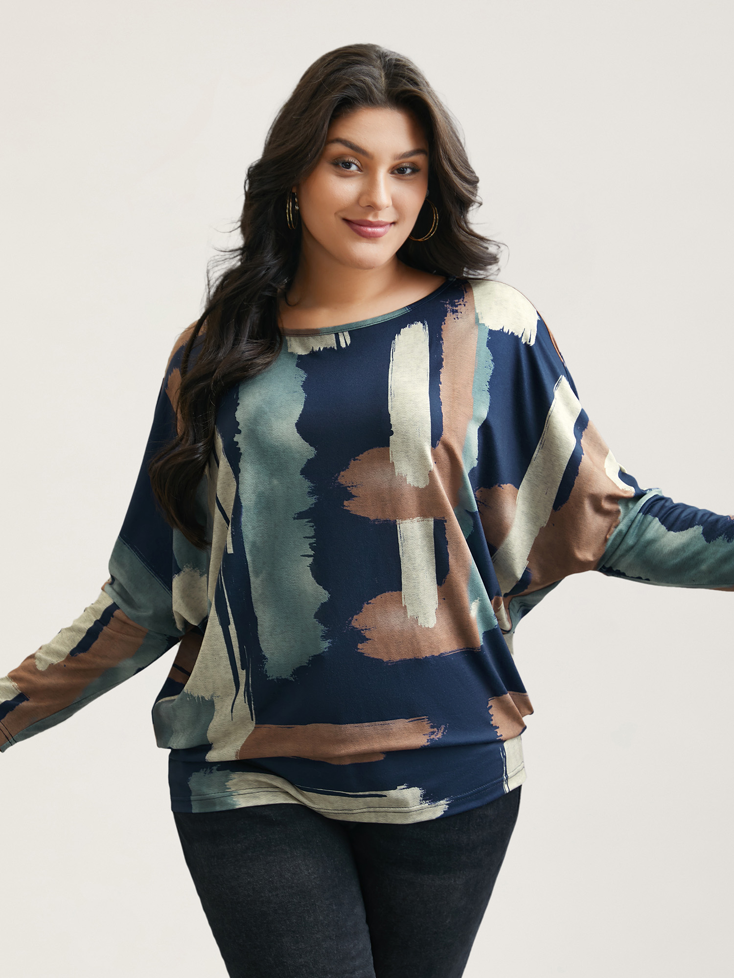 Plus Size Abstract Print Dolman Sleeve T-Shirt Multicolor Women Casual Contrast Boat Neck Everyday T-shirts BloomChic 10/M 