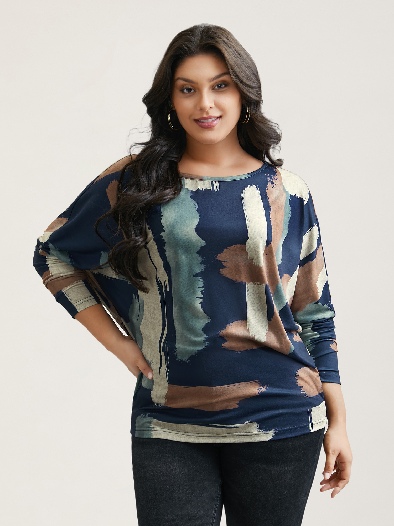 Plus Size Abstract Print Dolman Sleeve T-Shirt Multicolor Women Casual Contrast Boat Neck Everyday T-shirts BloomChic 10/M 