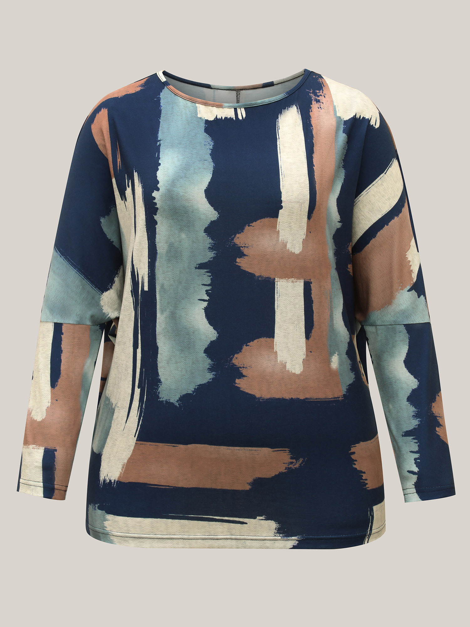 Plus Size Abstract Print Dolman Sleeve T-Shirt Multicolor Women Casual Contrast Boat Neck Everyday T-shirts BloomChic 10/M 