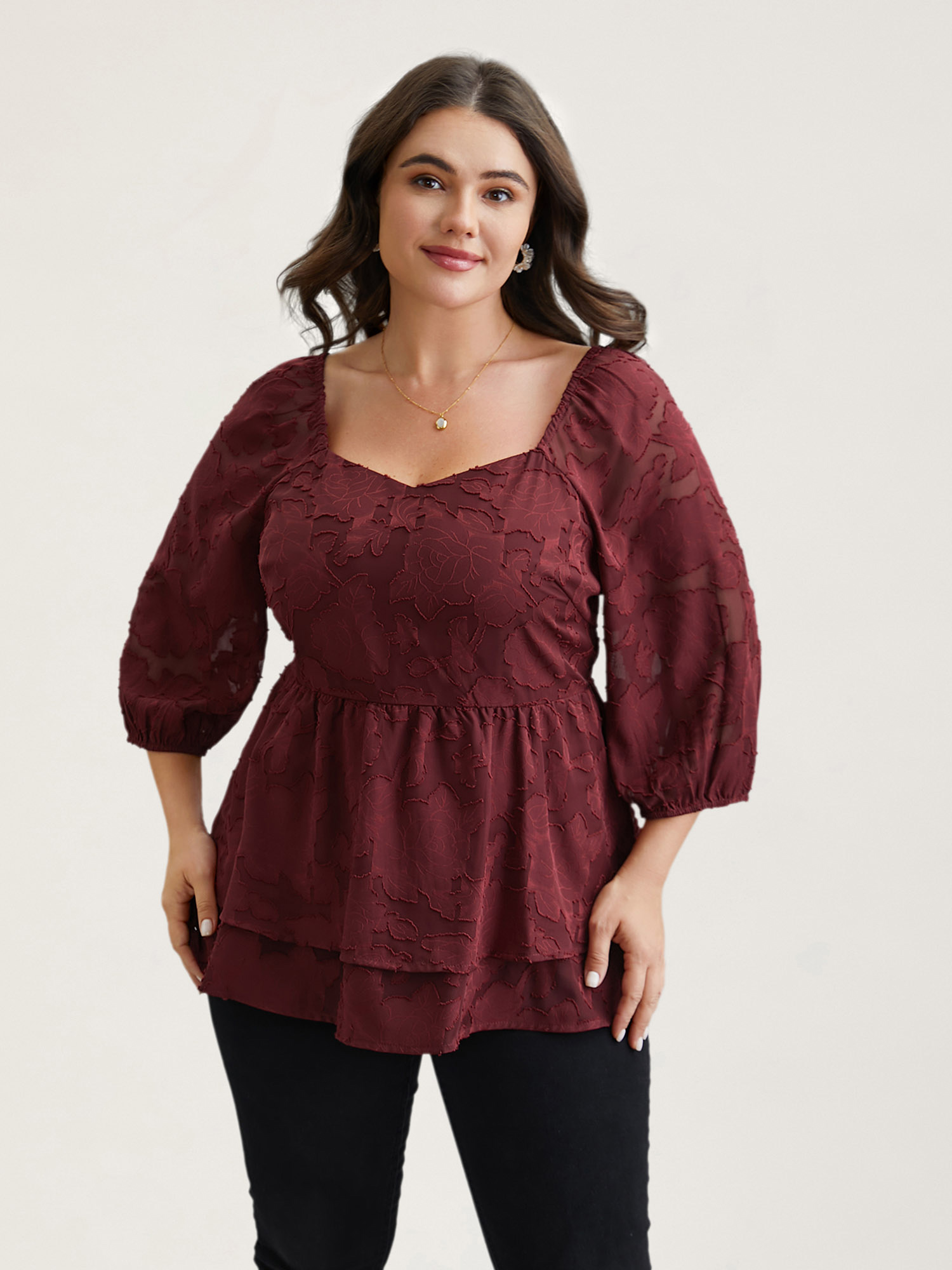 

Plus Size Burgundy Sweetheart Neckline Jacquard Layered Blouse Women Elegant Elbow-length sleeve Heart neckline Everyday Blouses BloomChic