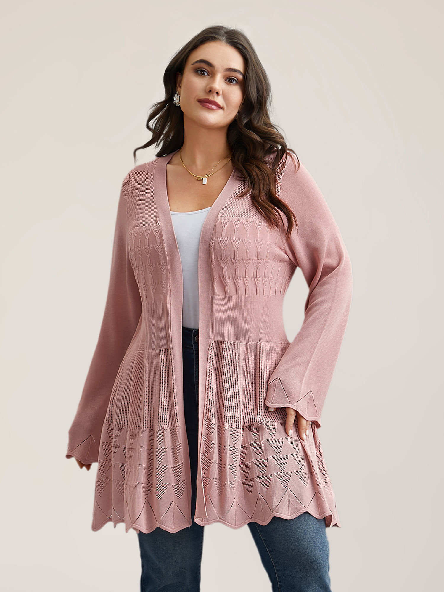 

Plus Size Cut-Out Textured Open-Front Knit Cardigan Crepe Women Casual Loose Long Sleeve Everyday Cardigans BloomChic