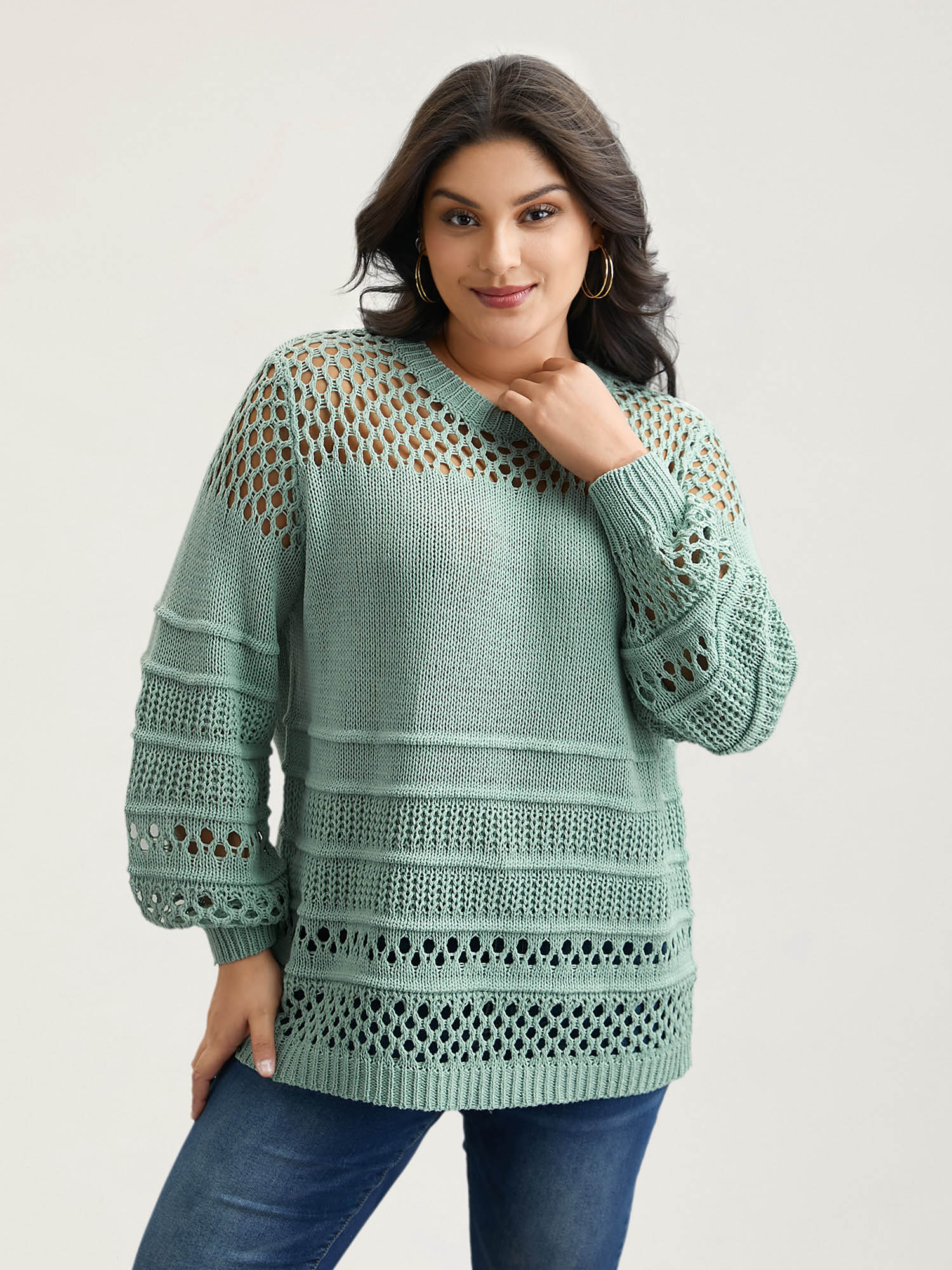 

Plus Size Textured Cut-Out Round Neck Pullover Mint Women Casual Loose Long Sleeve Everyday Cardigans BloomChic