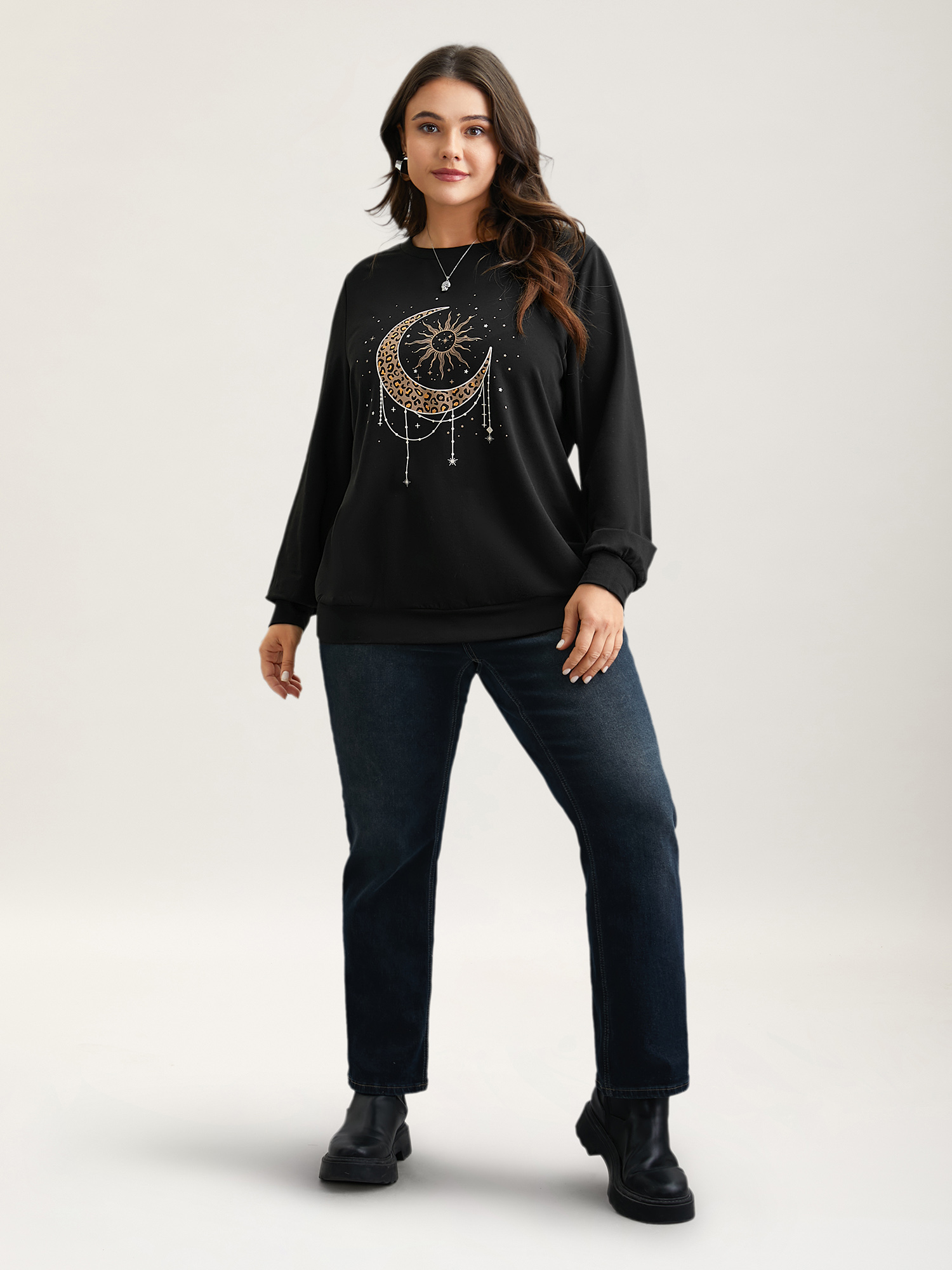 Plus Size Crew Neck Celestial Print Stretch Sweatshirt Women Black Casual Non Round Neck Everyday Sweatshirts BloomChic 10/M 