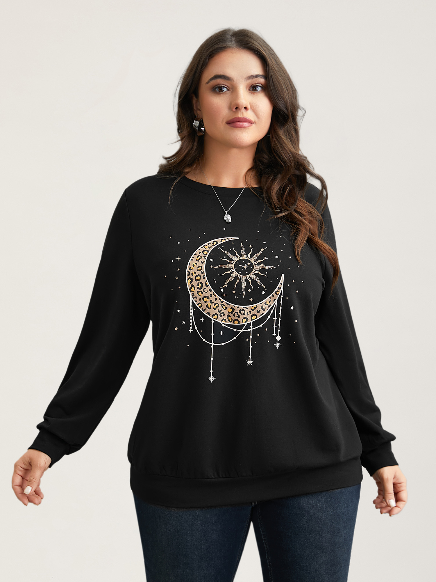 

Plus Size Crew Neck Celestial Print Stretch Sweatshirt Women Black Casual Non Round Neck Everyday Sweatshirts BloomChic