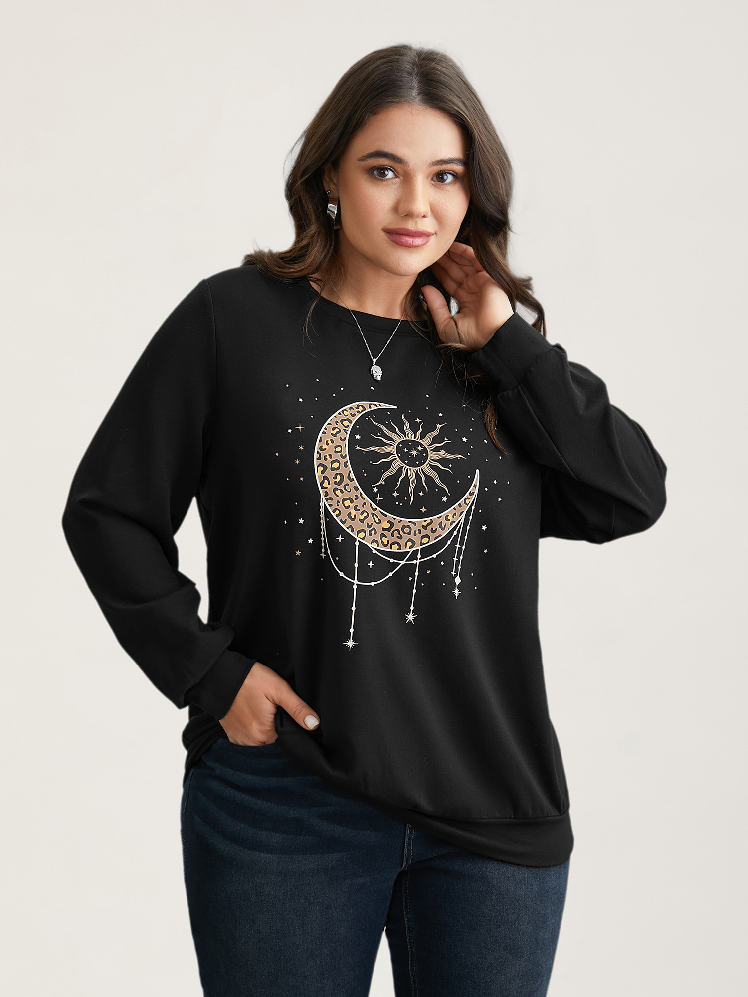 Plus Size Crew Neck Celestial Print Stretch Sweatshirt Women Black Casual Non Round Neck Everyday Sweatshirts BloomChic 10/M 