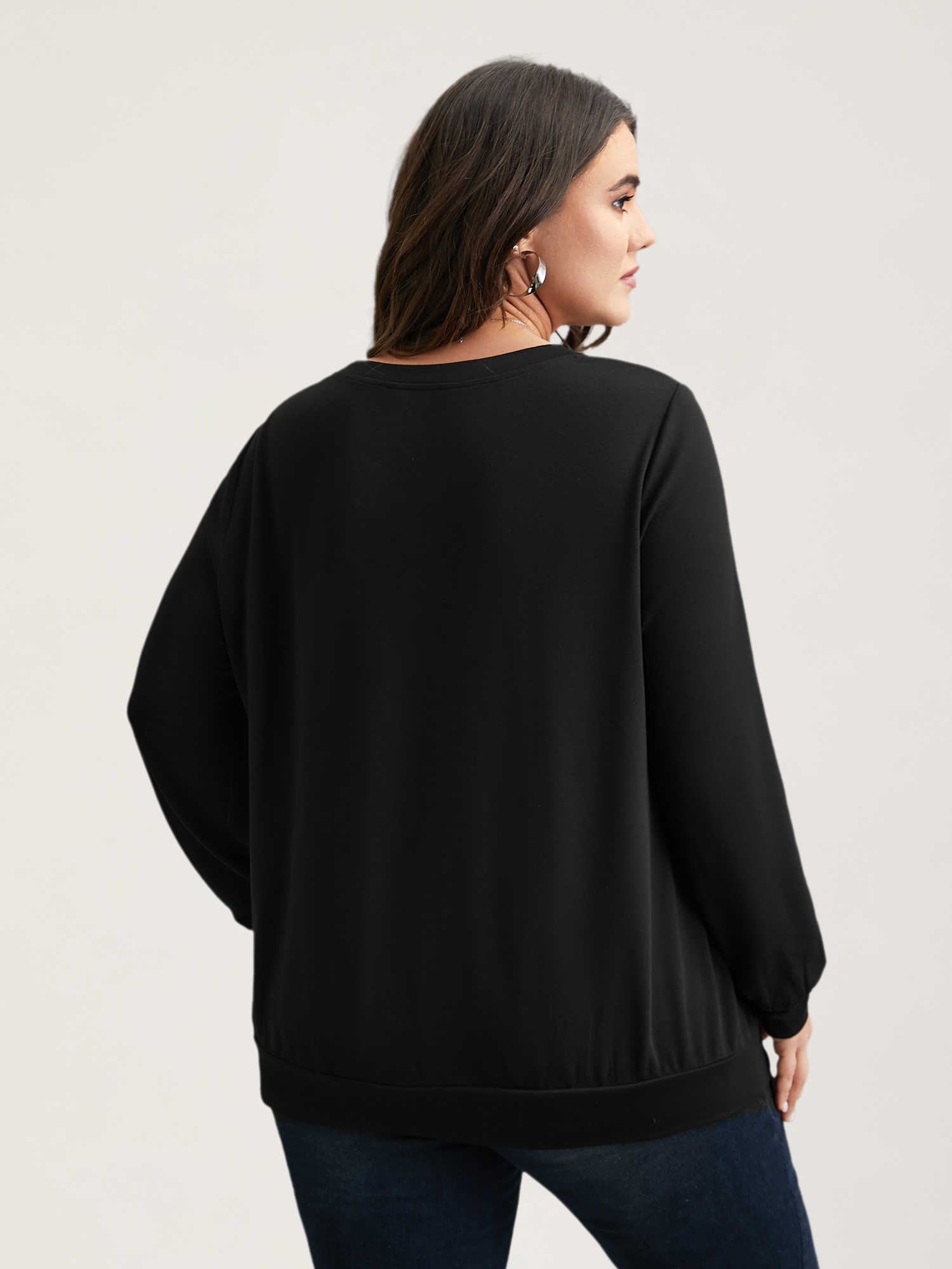 Plus Size Crew Neck Celestial Print Stretch Sweatshirt Women Black Casual Non Round Neck Everyday Sweatshirts BloomChic 10/M 