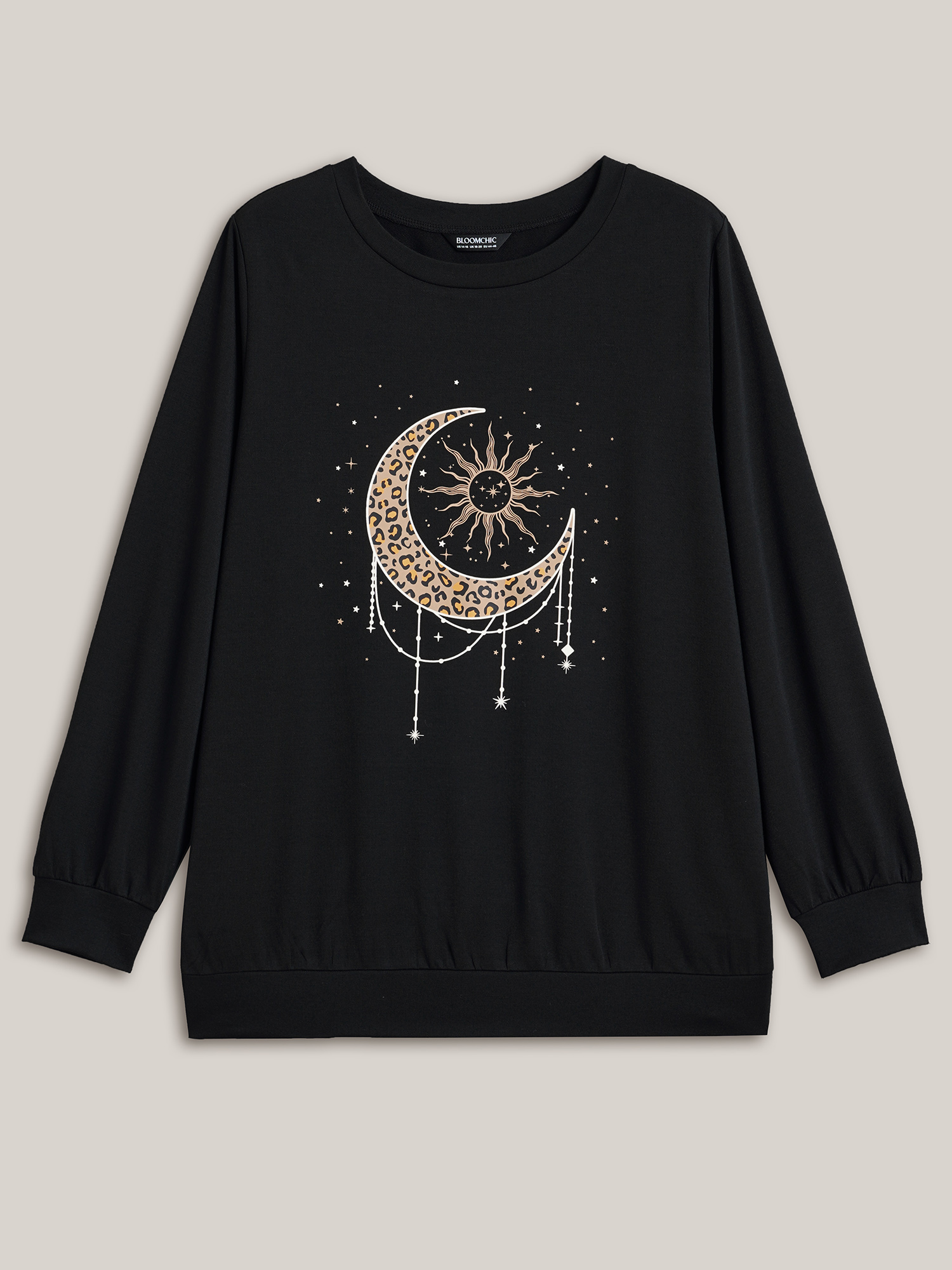 Plus Size Crew Neck Celestial Print Stretch Sweatshirt Women Black Casual Non Round Neck Everyday Sweatshirts BloomChic 10/M 