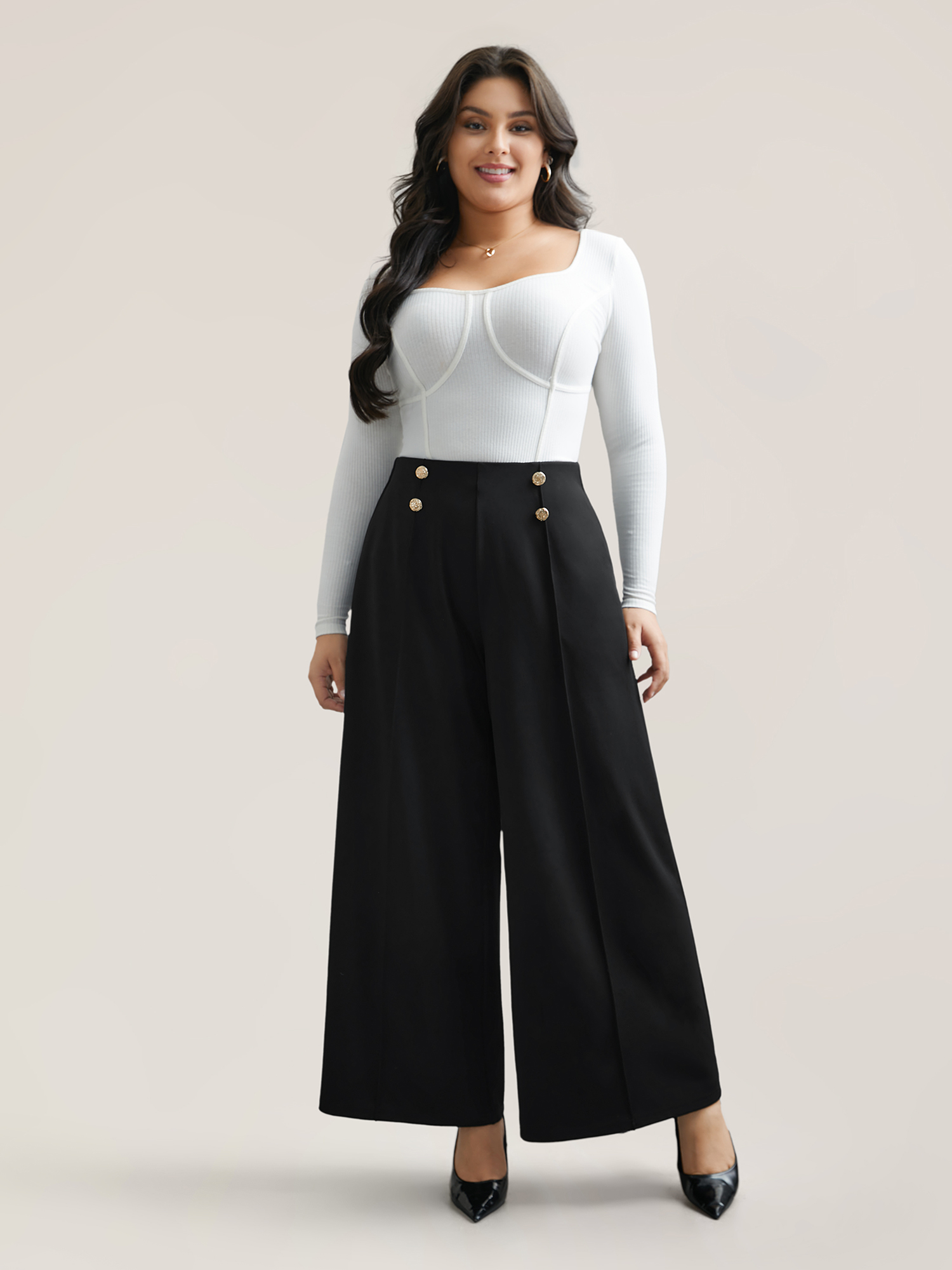 Plus Size No-Gap Waist Seamed Side Button Pants Women Black Workwear Essentials Wide Leg Mid Rise Work Pants BloomChic 14-16/1X 