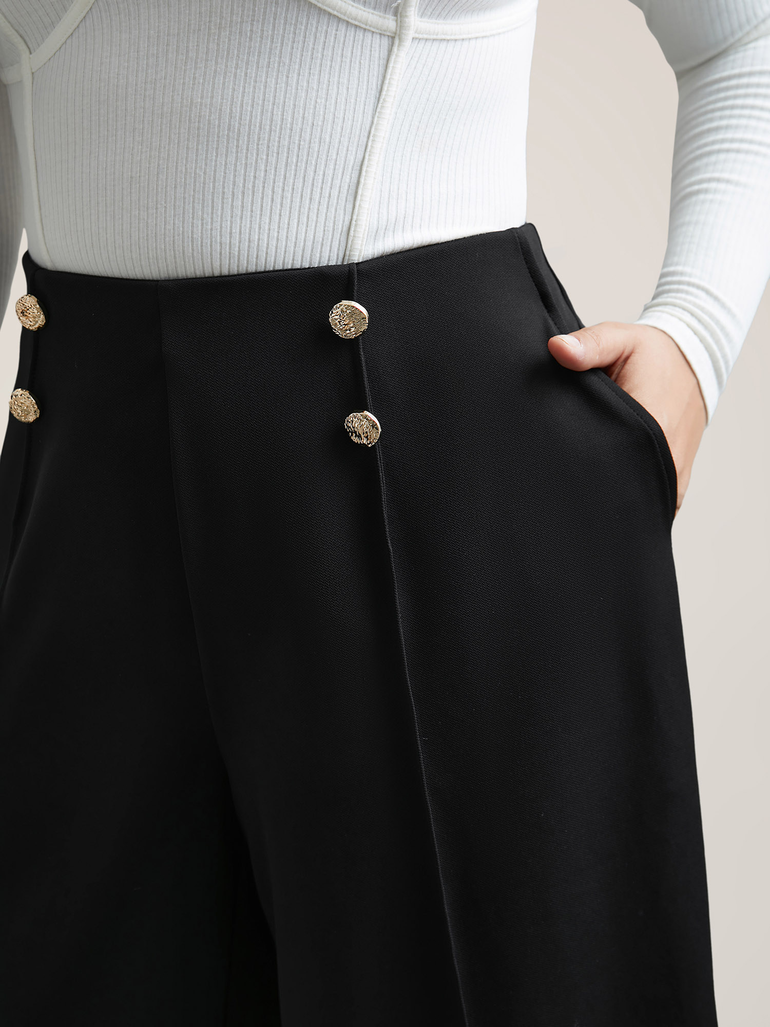 Plus Size No-Gap Waist Seamed Side Button Pants Women Black Workwear Essentials Wide Leg Mid Rise Work Pants BloomChic 14-16/1X 