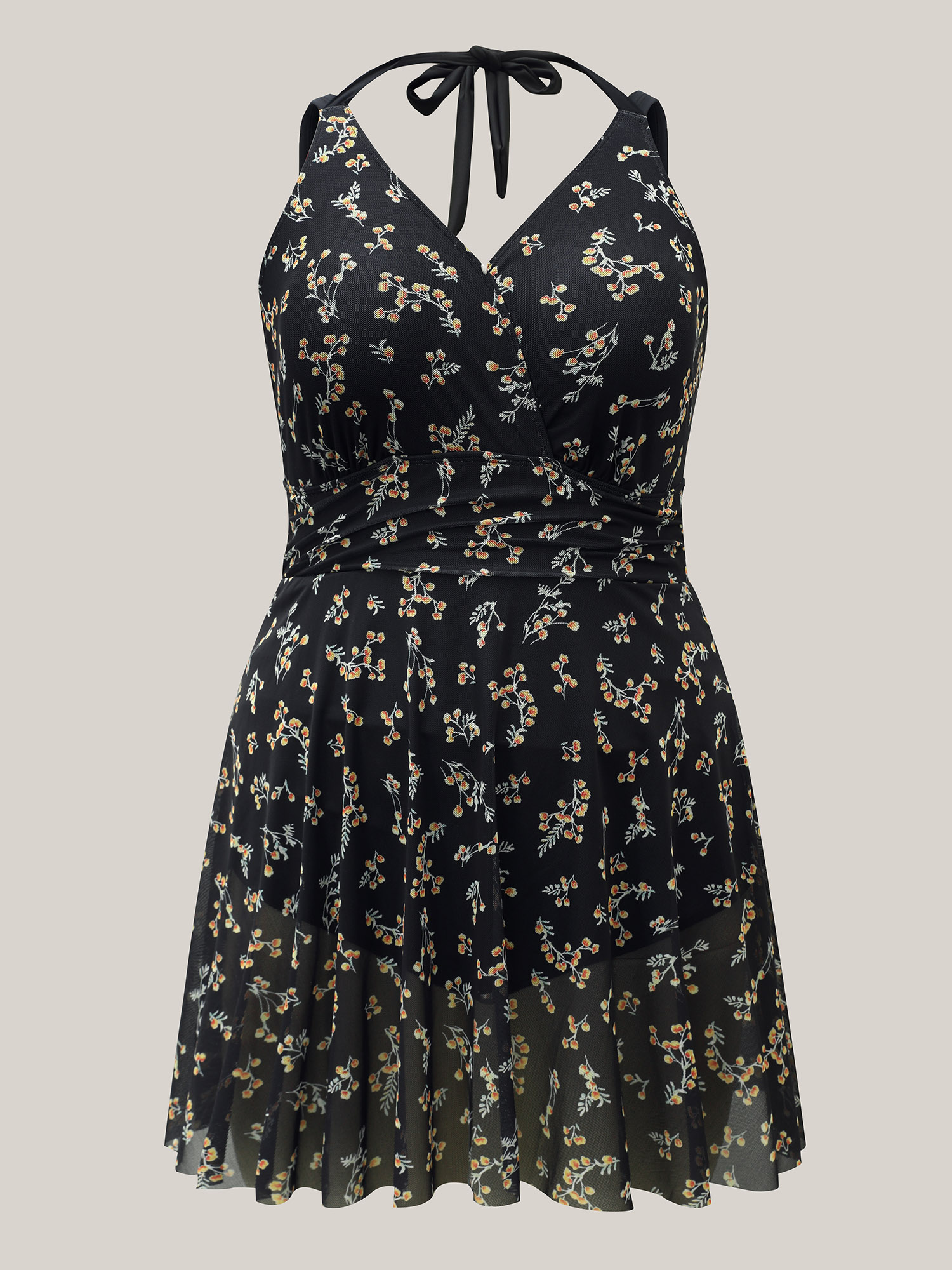 Plus Size Floral Mesh Sheer Splits Swim Dress Women`s Swimwear Black Beach Bodycon Overlap Collar High stretch Curve Swim Dresses BloomChic 26/4X 