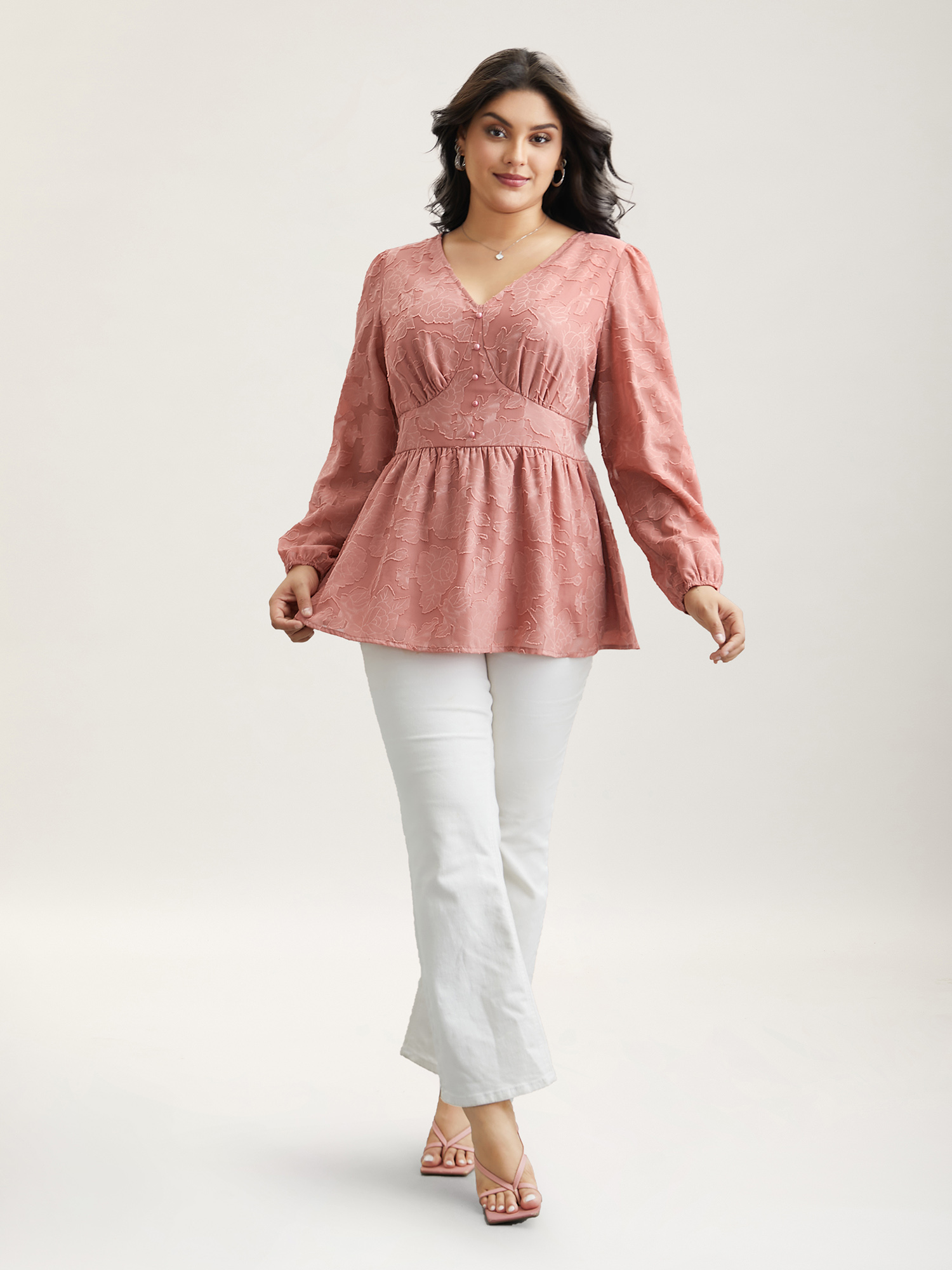 

Plus Size Rouge Textured Waist-Cinched Lined Button Shirt Women Elegant Extra Long Sleeve Deep V-neck Everyday Blouses BloomChic