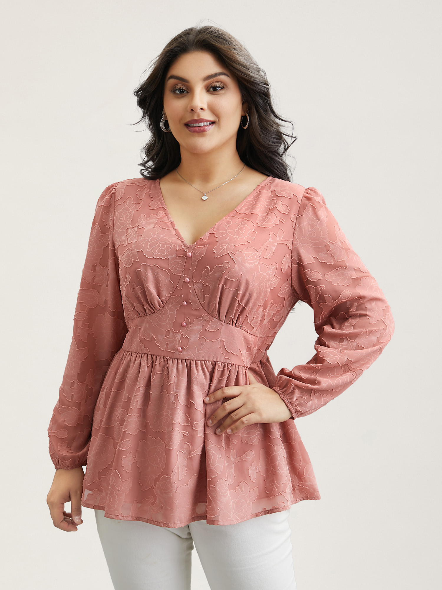Plus Size Rouge Textured Waist-Cinched Lined Button Shirt Women Elegant Extra Long Sleeve Deep V-neck Everyday Blouses BloomChic 18-20/2X 