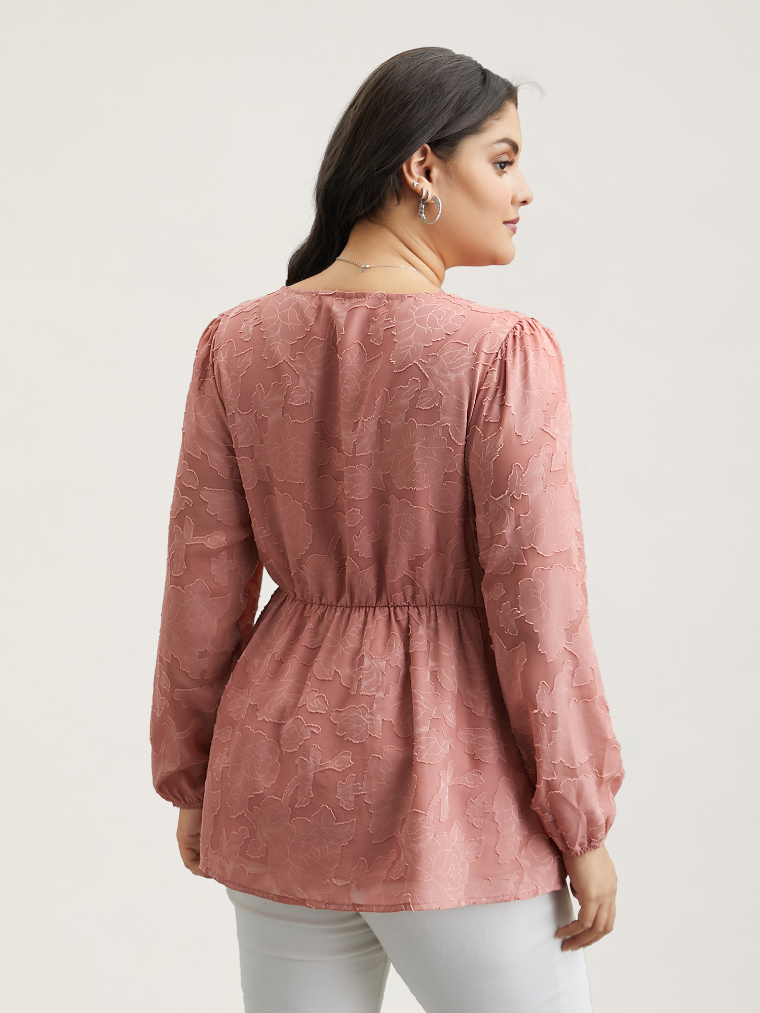 Plus Size Rouge Textured Waist-Cinched Lined Button Shirt Women Elegant Extra Long Sleeve Deep V-neck Everyday Blouses BloomChic 18-20/2X 