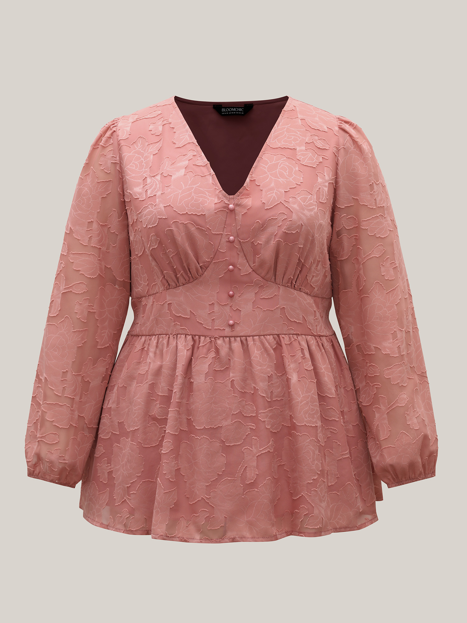 Plus Size Rouge Textured Waist-Cinched Lined Button Shirt Women Elegant Extra Long Sleeve Deep V-neck Everyday Blouses BloomChic 18-20/2X 