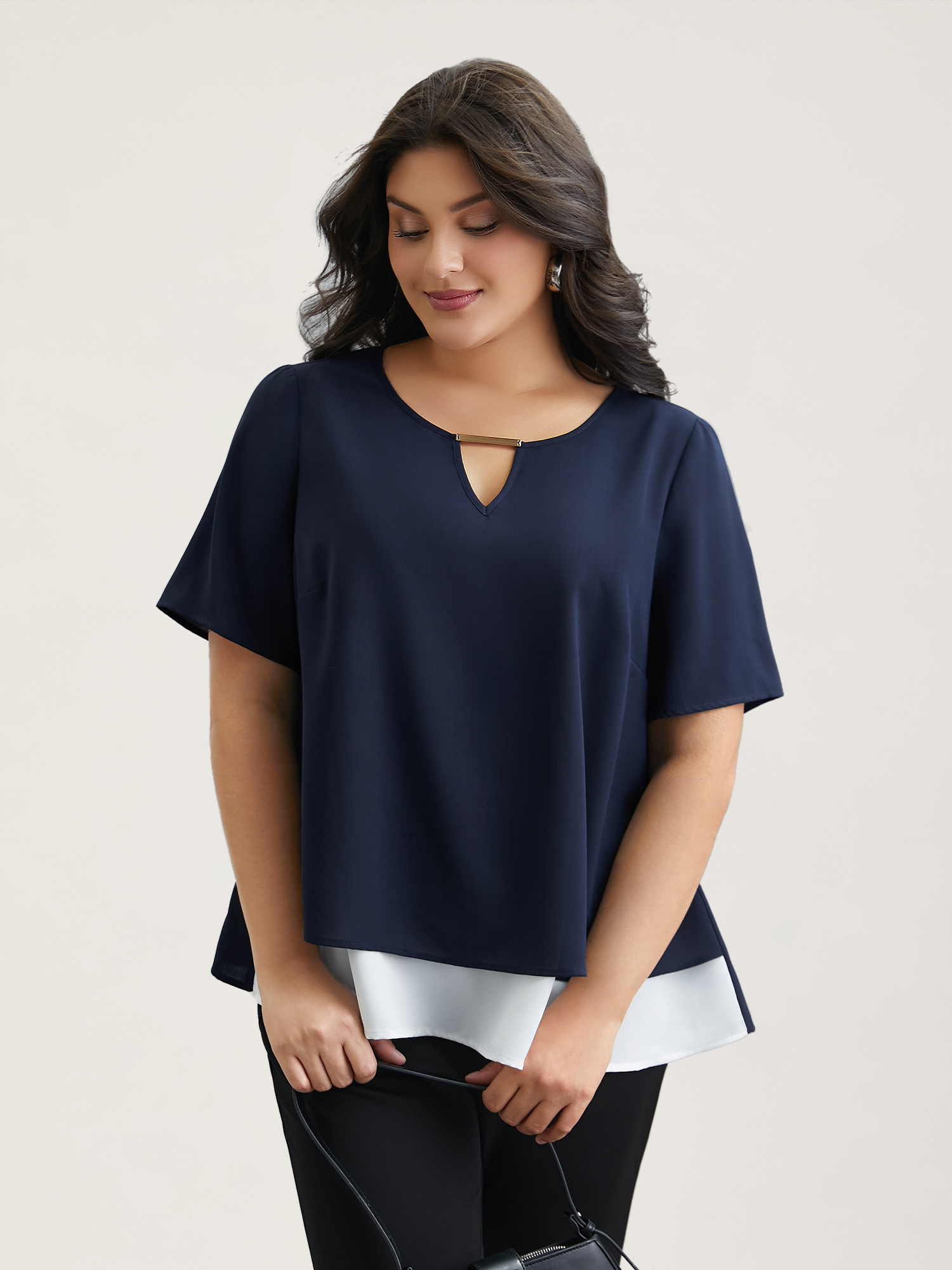 Plus Size Indigo Neck Cut-Out Color Contrast Shirt Women At the Office Short sleeve Round Neck Work Blouses BloomChic 30/6X 