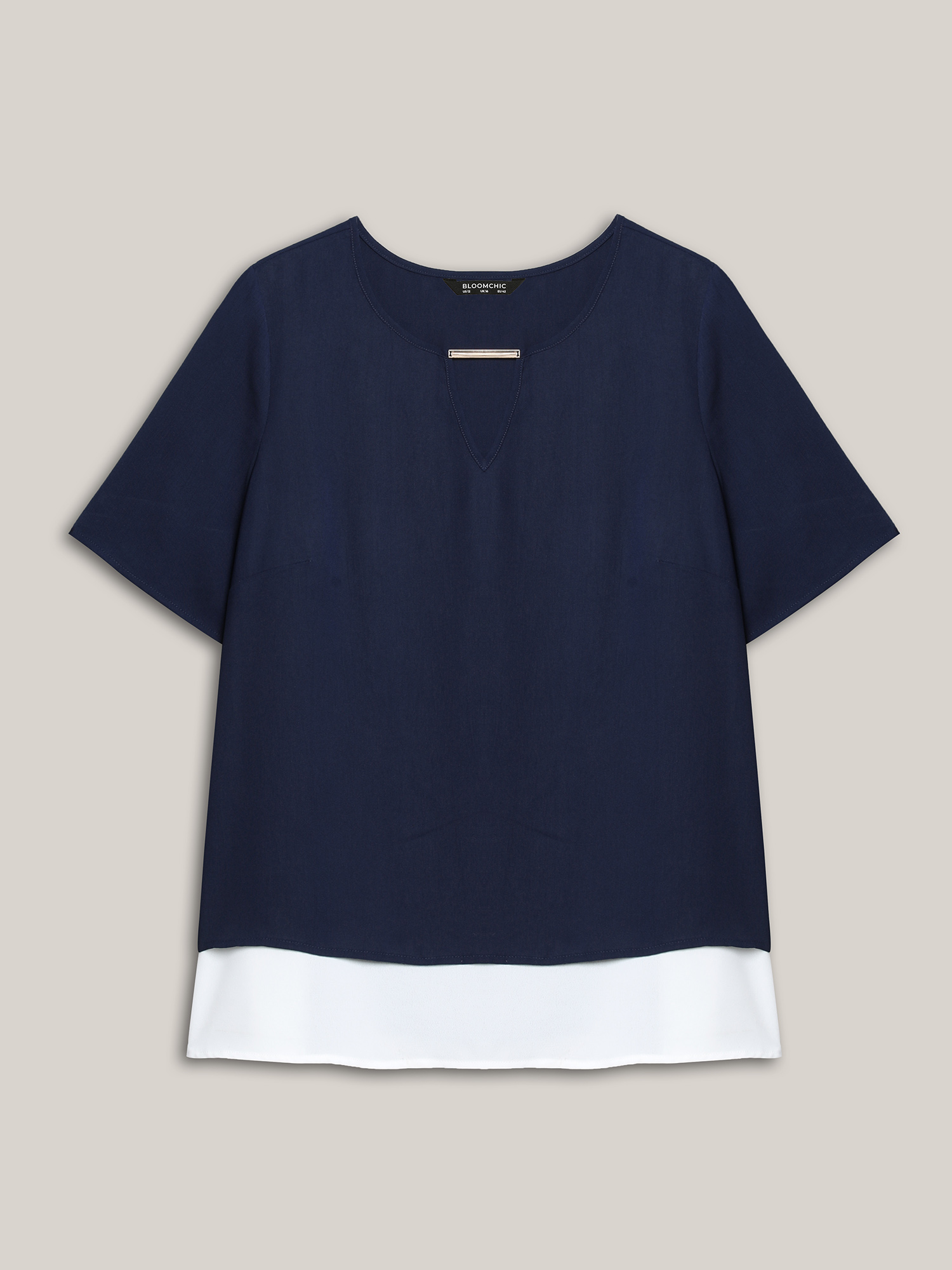Plus Size Indigo Neck Cut-Out Color Contrast Shirt Women At the Office Short sleeve Round Neck Work Blouses BloomChic 30/6X 