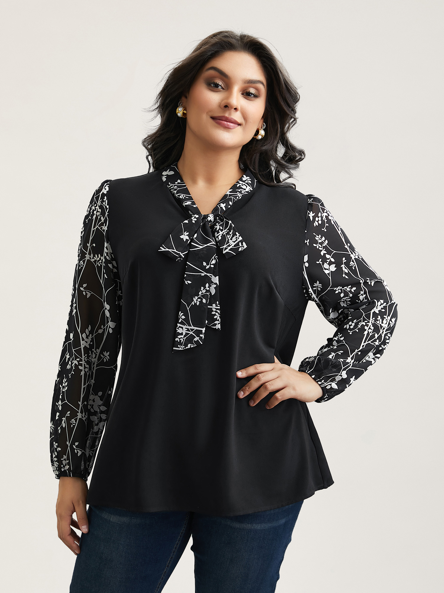 Plus Size Black Floral Patchwork Neck-Tie Blouse Women Elegant Extra Long Sleeve Ribbon-tied collar Everyday Blouses BloomChic 28/5X 