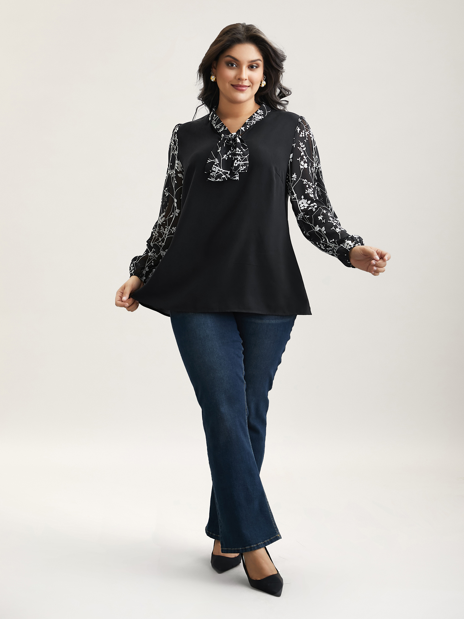 Plus Size Black Floral Patchwork Neck-Tie Blouse Women Elegant Extra Long Sleeve Ribbon-tied collar Everyday Blouses BloomChic 28/5X 