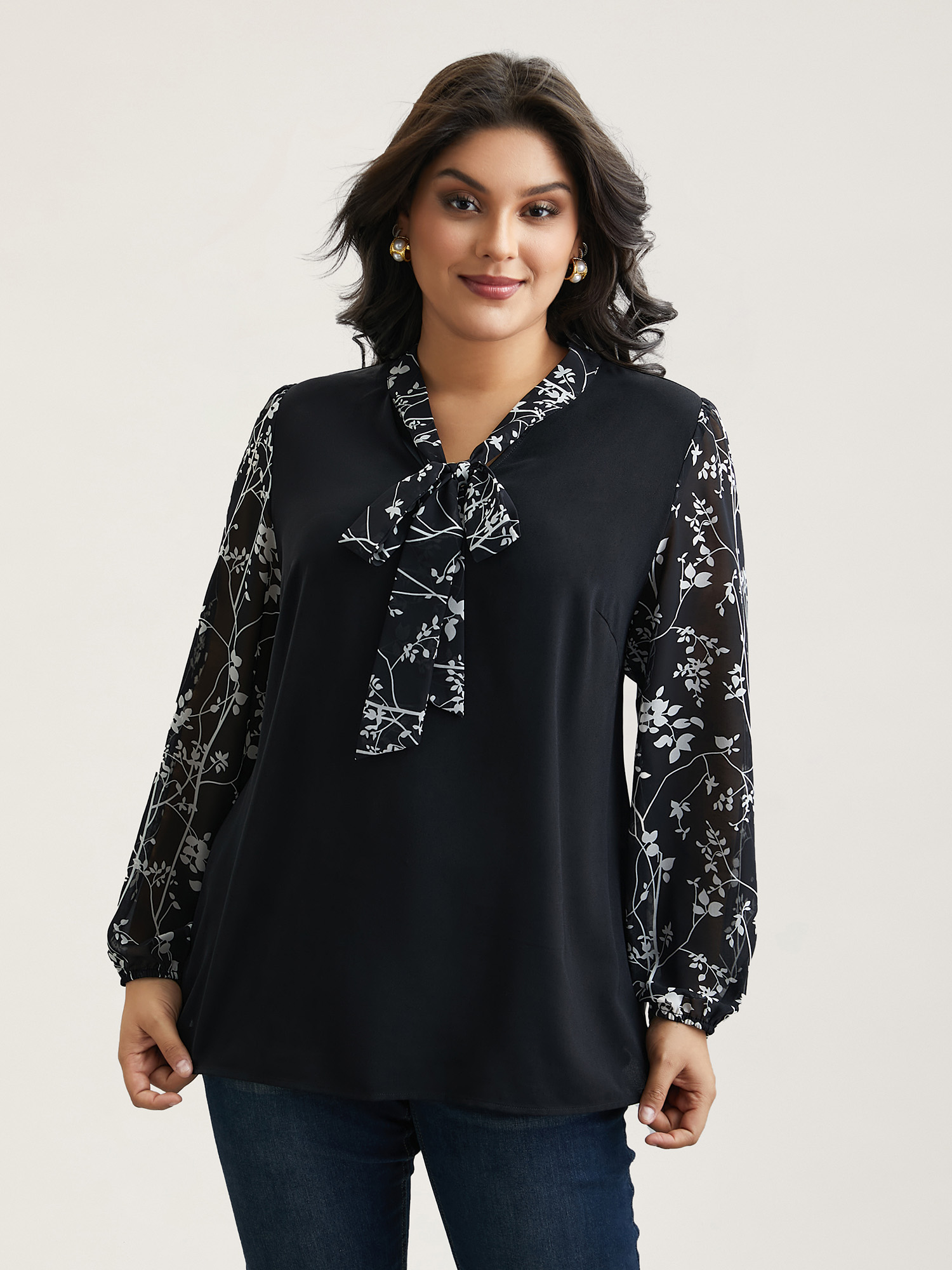Plus Size Black Floral Patchwork Neck-Tie Blouse Women Elegant Extra Long Sleeve Ribbon-tied collar Everyday Blouses BloomChic 28/5X 