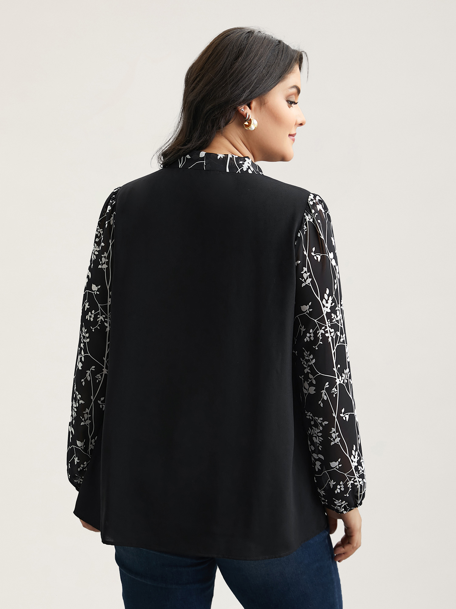 Plus Size Black Floral Patchwork Neck-Tie Blouse Women Elegant Extra Long Sleeve Ribbon-tied collar Everyday Blouses BloomChic 28/5X 