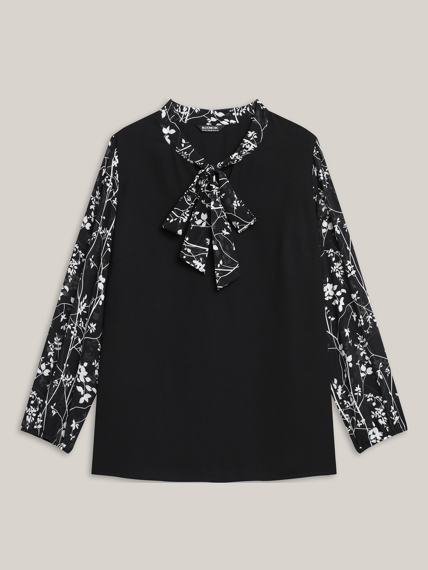 Plus Size Black Floral Patchwork Neck-Tie Blouse Women Elegant Extra Long Sleeve Ribbon-tied collar Everyday Blouses BloomChic 28/5X 