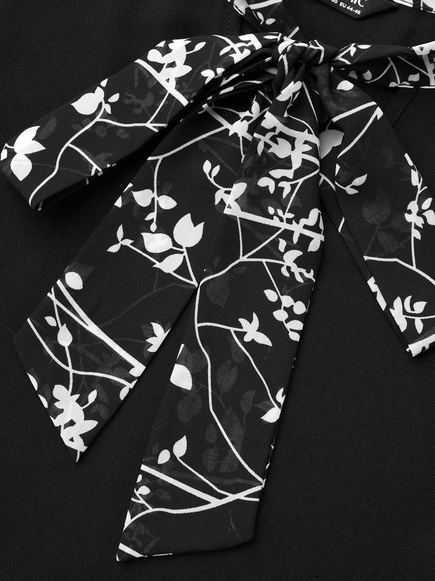 Plus Size Black Floral Patchwork Neck-Tie Blouse Women Elegant Extra Long Sleeve Ribbon-tied collar Everyday Blouses BloomChic 28/5X 