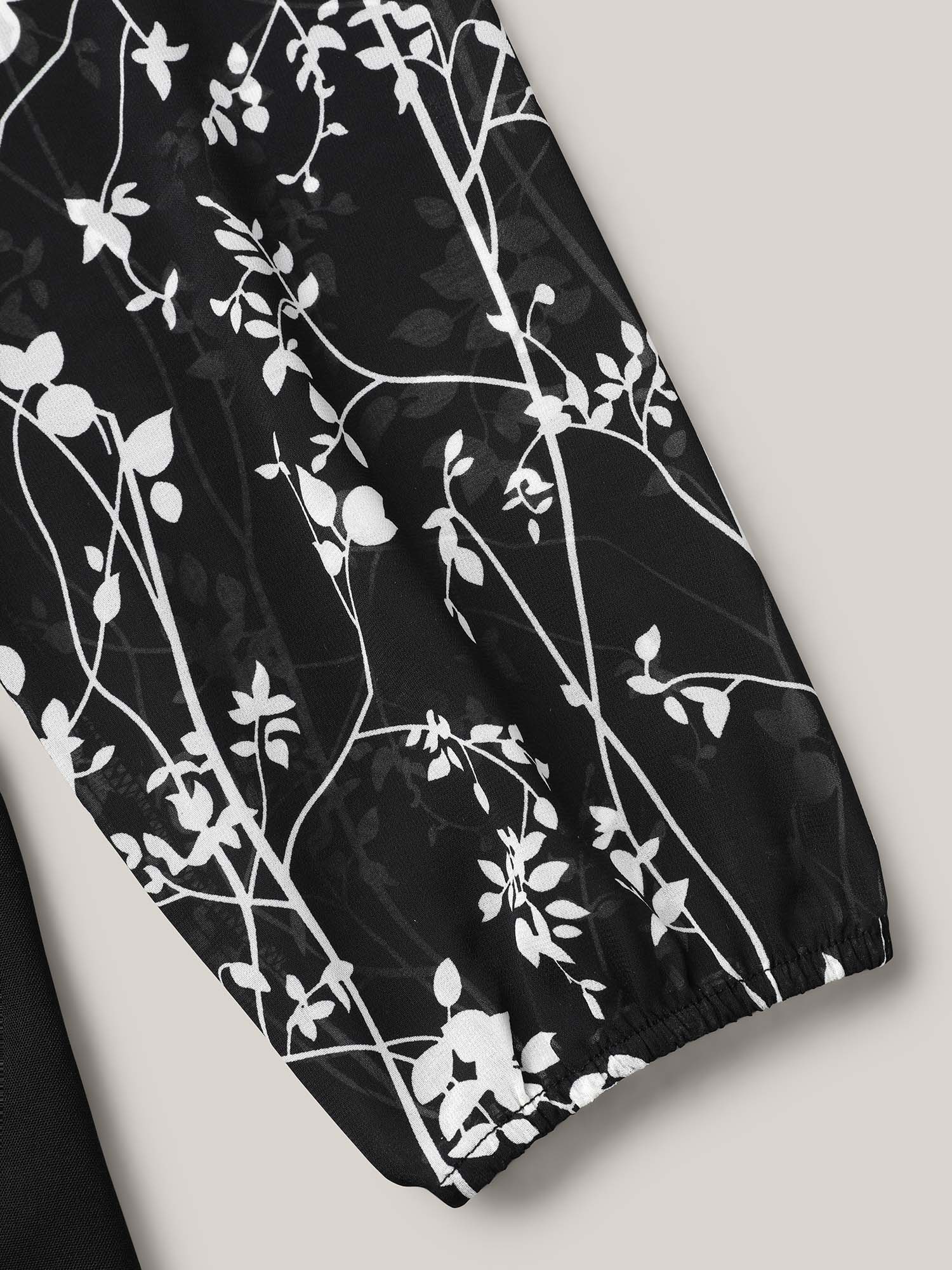 Plus Size Black Floral Patchwork Neck-Tie Blouse Women Elegant Extra Long Sleeve Ribbon-tied collar Everyday Blouses BloomChic 28/5X 