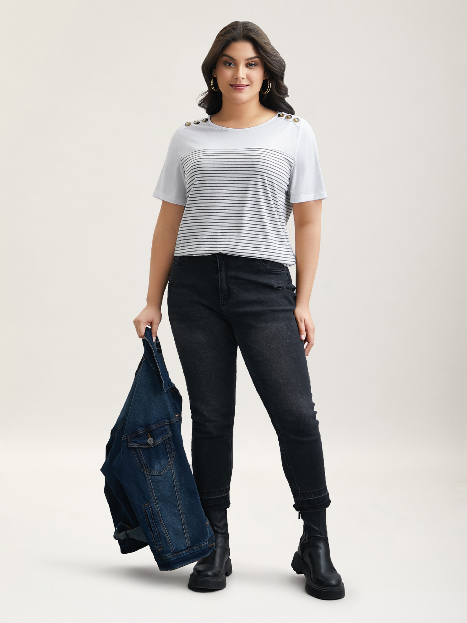 Plus Size Striped Contrast Stretchy Button T-Shirt WhiteSmoke Women Casual Contrast Round Neck Everyday T-shirts BloomChic 10/M 