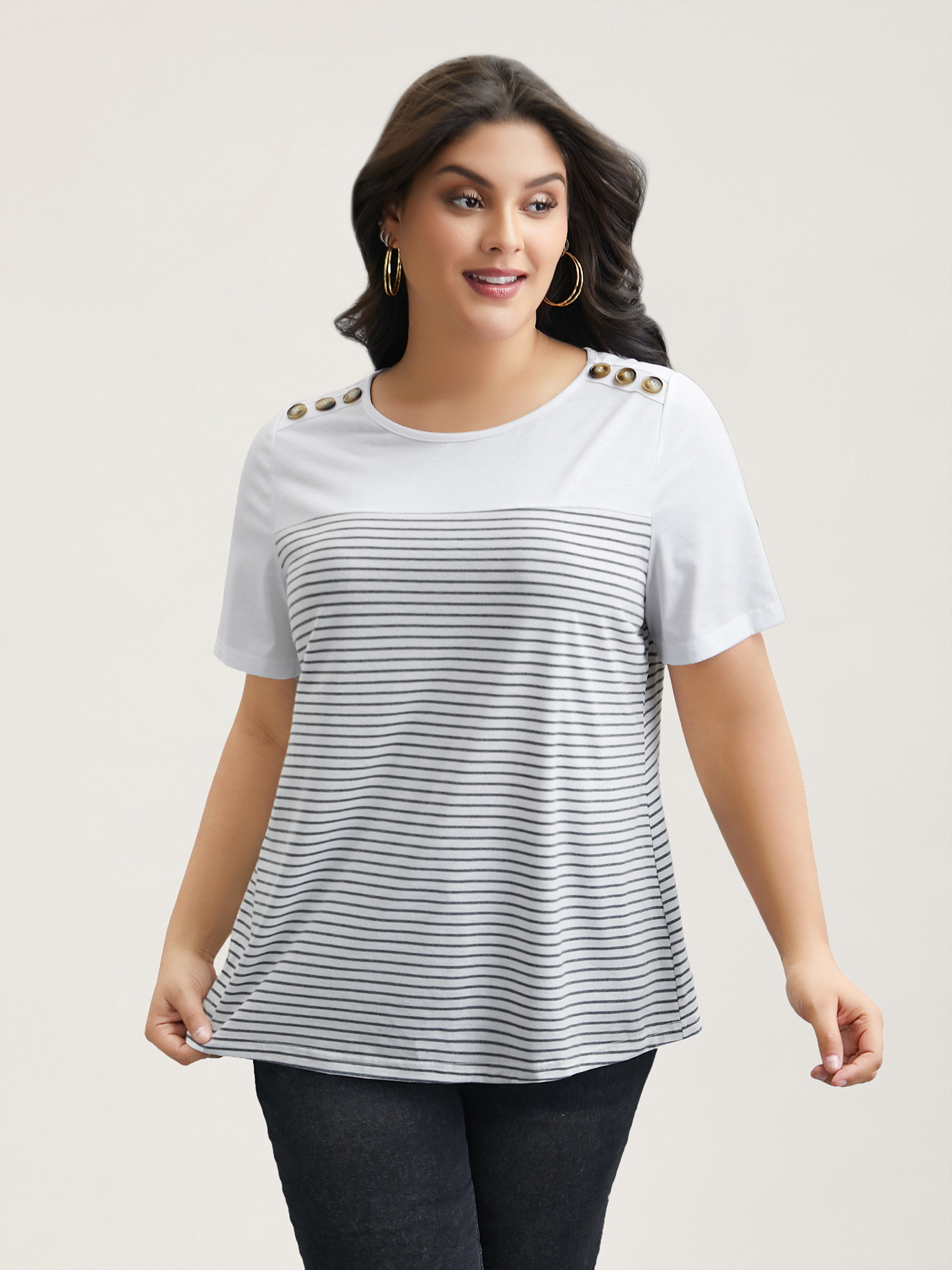 Plus Size Striped Contrast Stretchy Button T-Shirt WhiteSmoke Women Casual Contrast Round Neck Everyday T-shirts BloomChic 10/M 