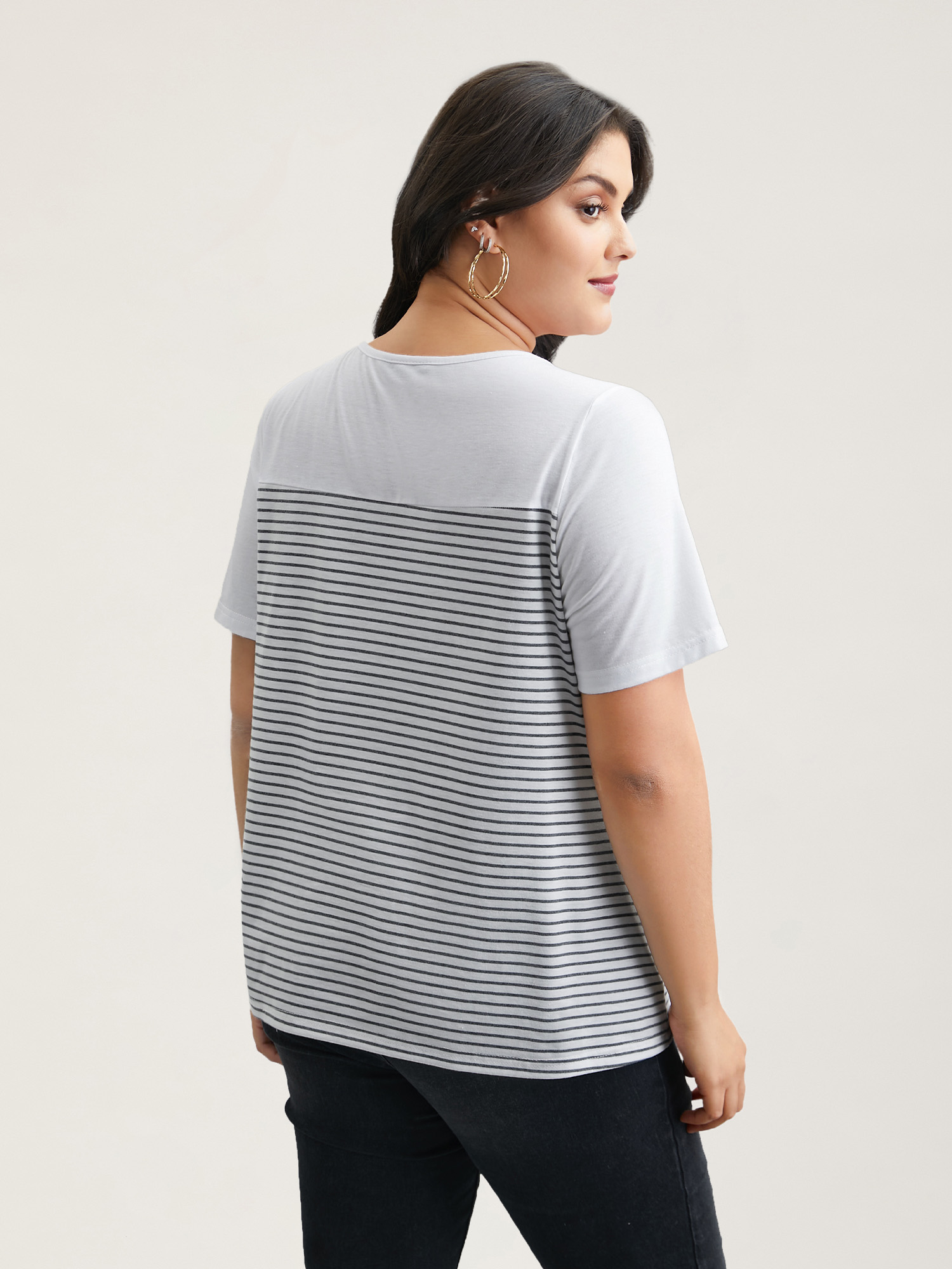Plus Size Striped Contrast Stretchy Button T-Shirt WhiteSmoke Women Casual Contrast Round Neck Everyday T-shirts BloomChic 10/M 