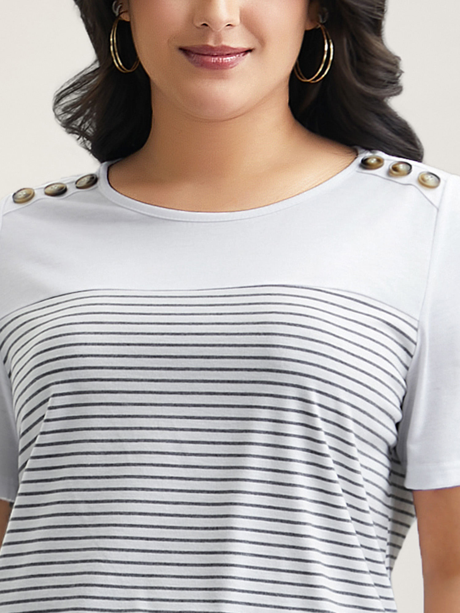 Plus Size Striped Contrast Stretchy Button T-Shirt WhiteSmoke Women Casual Contrast Round Neck Everyday T-shirts BloomChic 10/M 