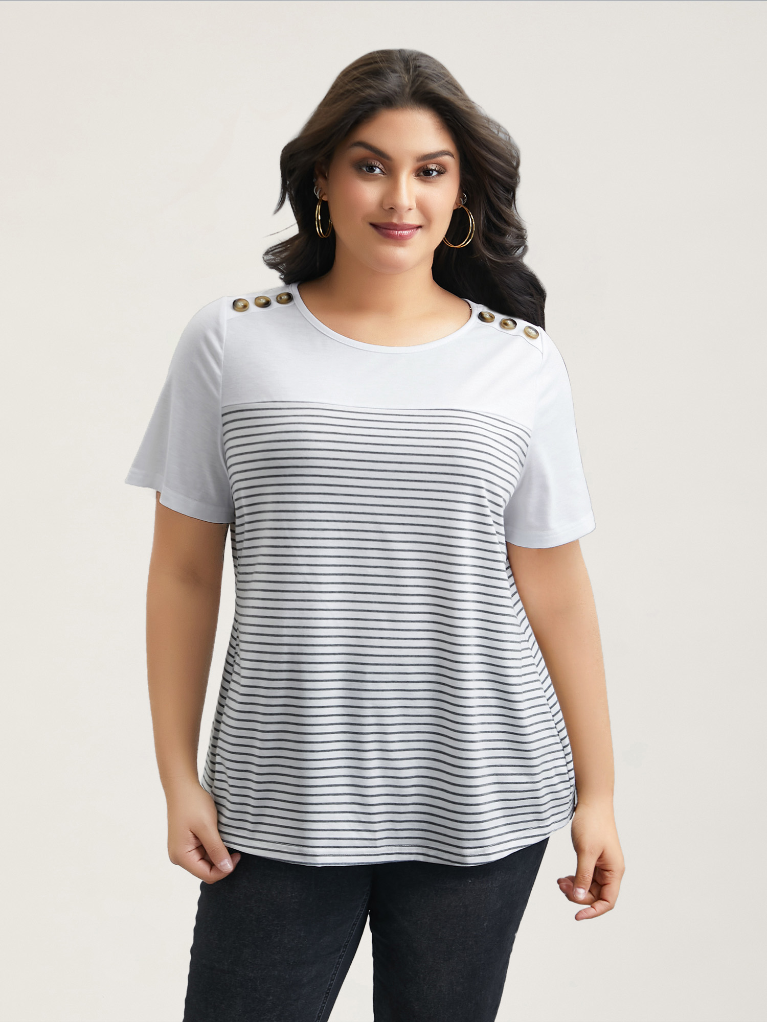 Plus Size Striped Contrast Stretchy Button T-Shirt WhiteSmoke Women Casual Contrast Round Neck Everyday T-shirts BloomChic 10/M 