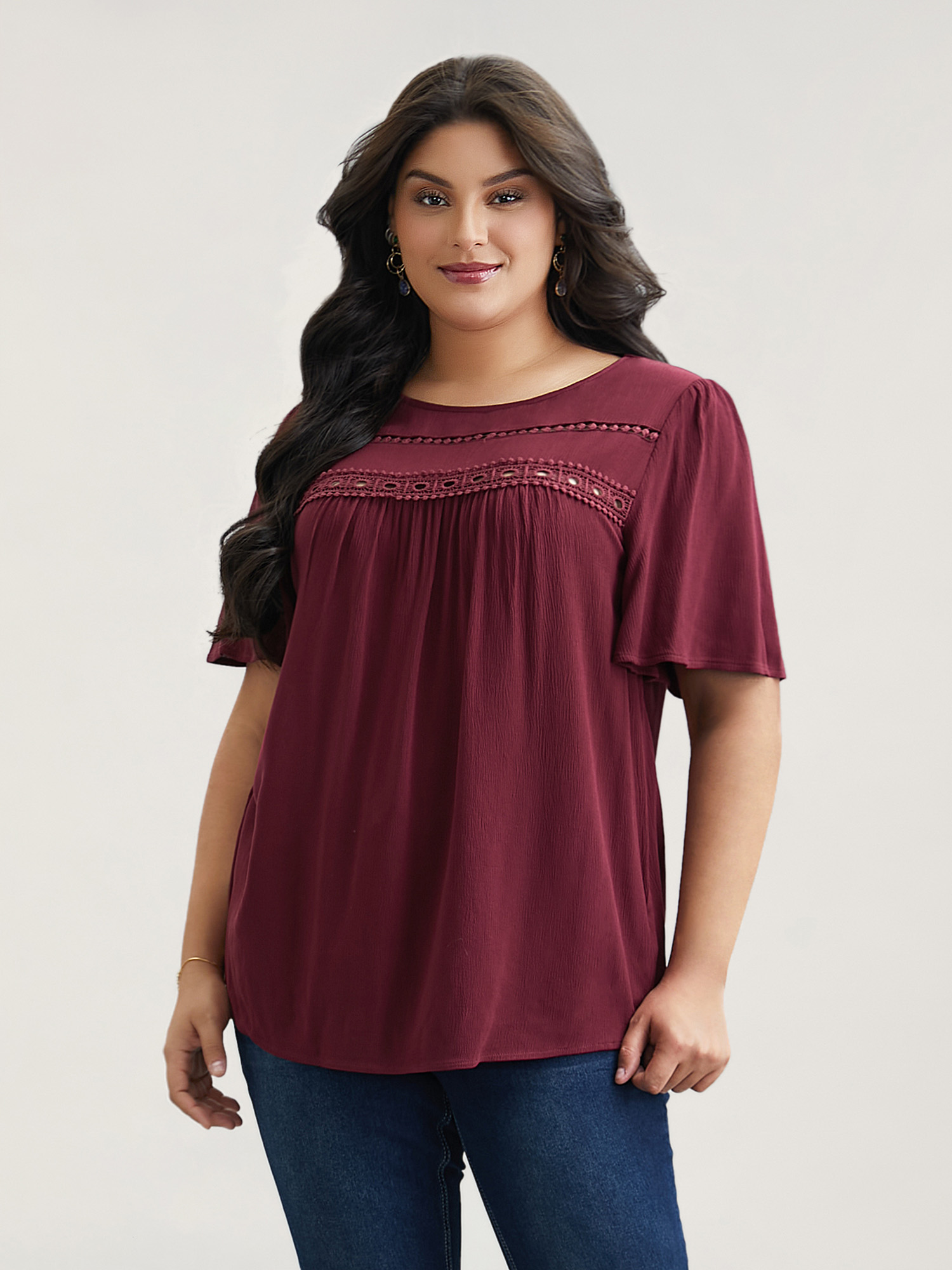 

Plus Size Burgundy Lace Cut-Out Round Neck Pleated Shirt Women Elegant Short sleeve Round Neck Everyday Blouses BloomChic