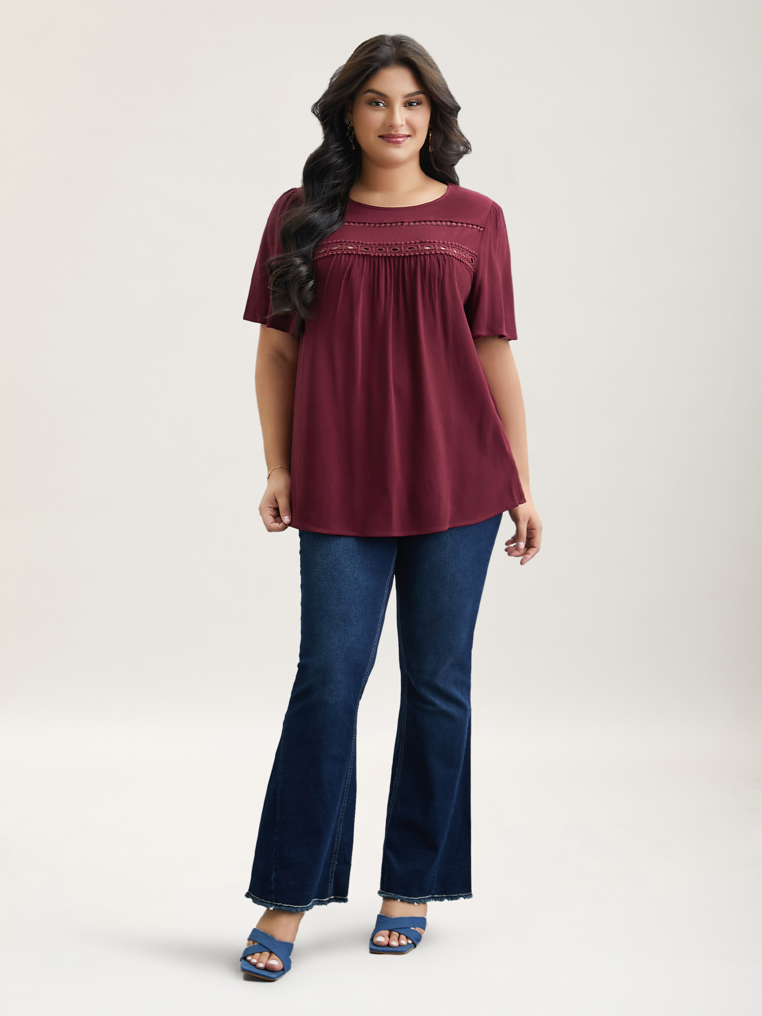 Plus Size Burgundy Lace Cut-Out Round Neck Pleated Shirt Women Elegant Short sleeve Round Neck Everyday Blouses BloomChic 30/6X 