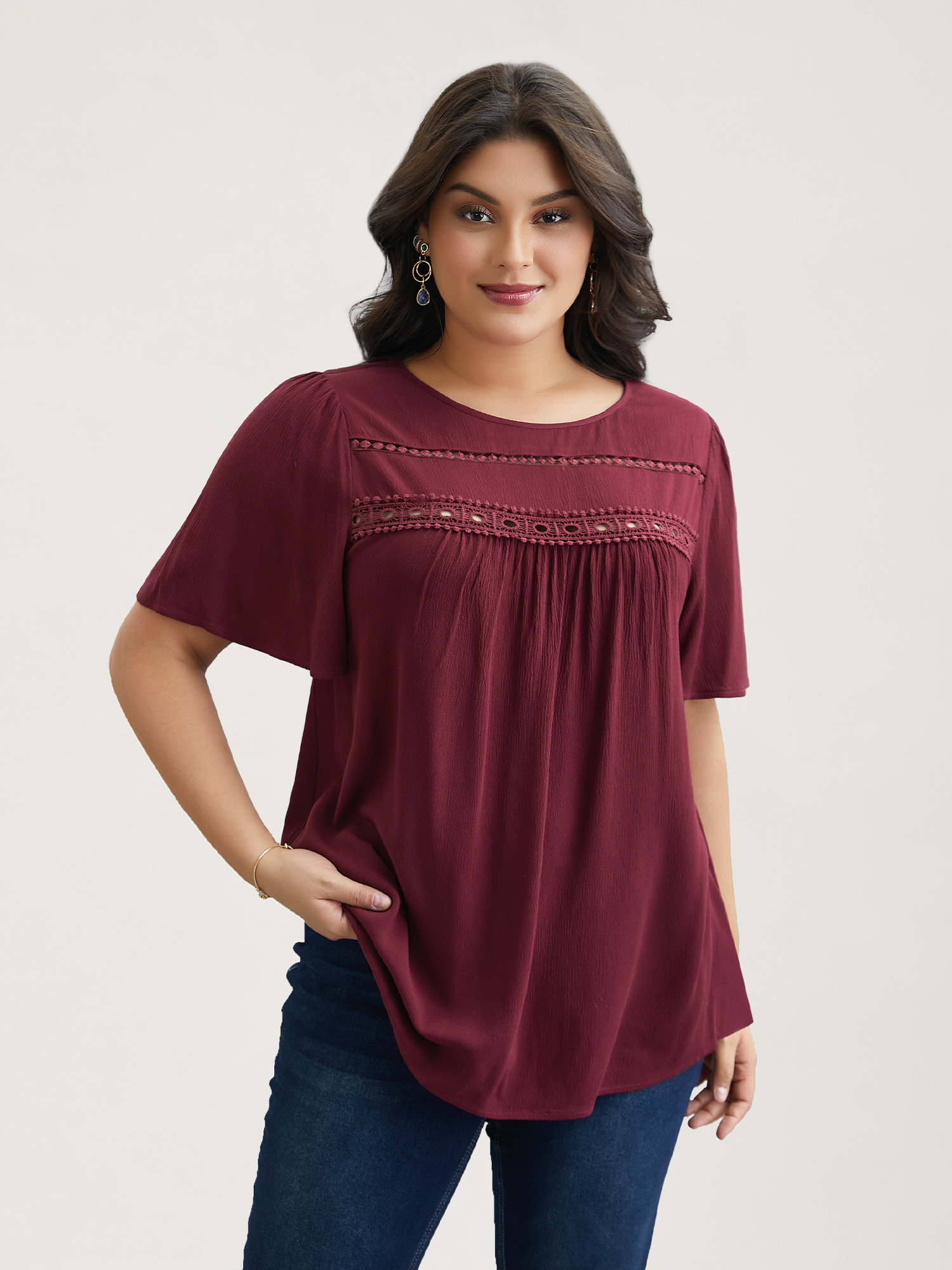 Plus Size Burgundy Lace Cut-Out Round Neck Pleated Shirt Women Elegant Short sleeve Round Neck Everyday Blouses BloomChic 30/6X 