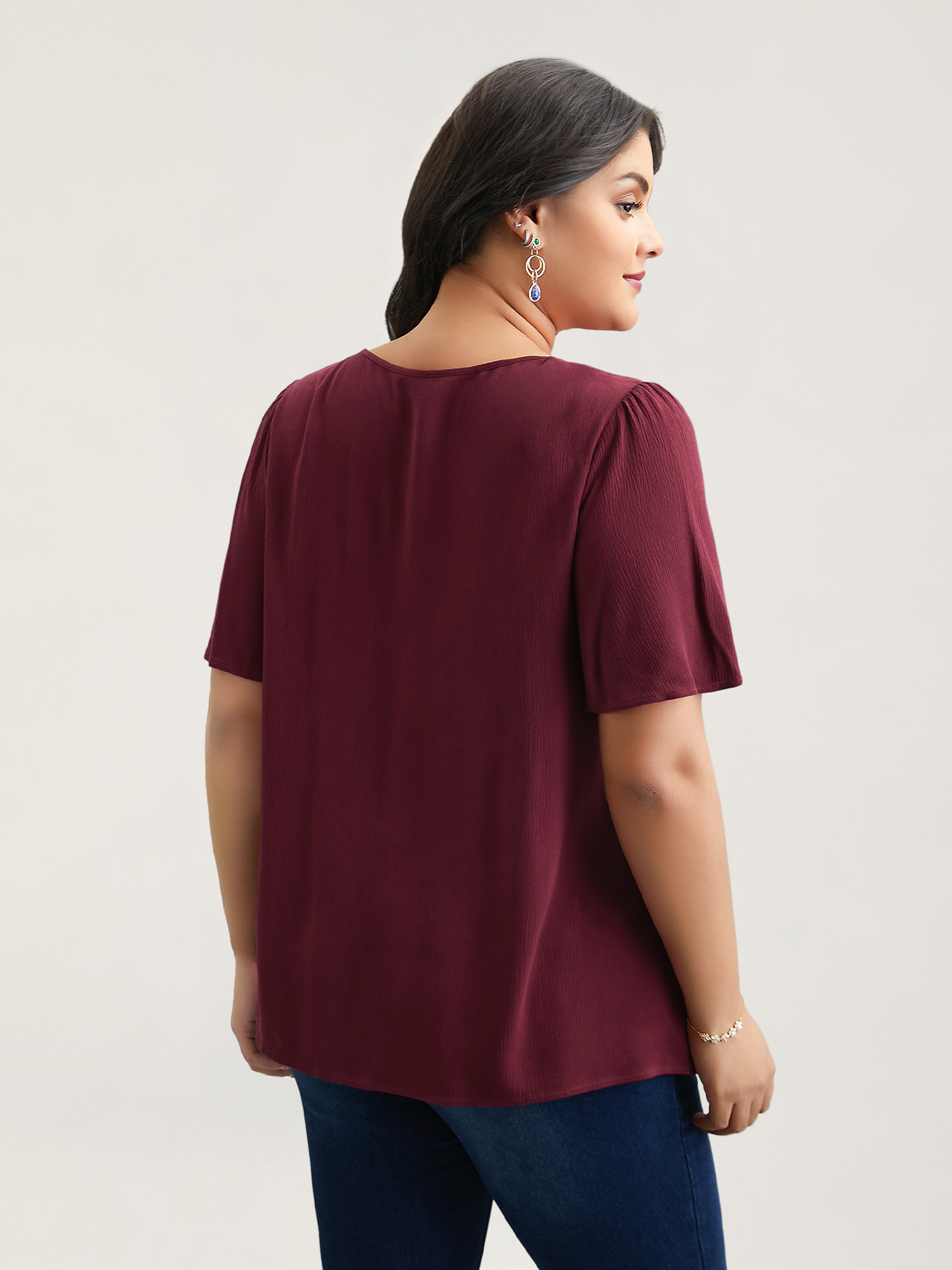 Plus Size Burgundy Lace Cut-Out Round Neck Pleated Shirt Women Elegant Short sleeve Round Neck Everyday Blouses BloomChic 30/6X 