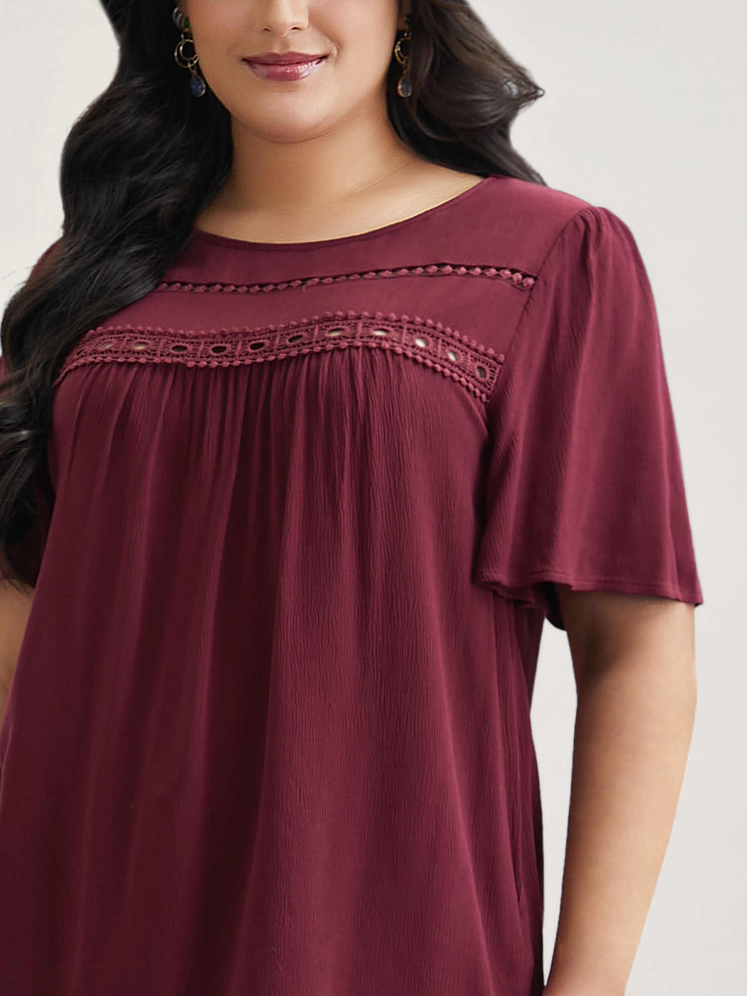 

Plus Size Burgundy Lace Cut-Out Round Neck Pleated Shirt Women Elegant Short sleeve Round Neck Everyday Blouses BloomChic