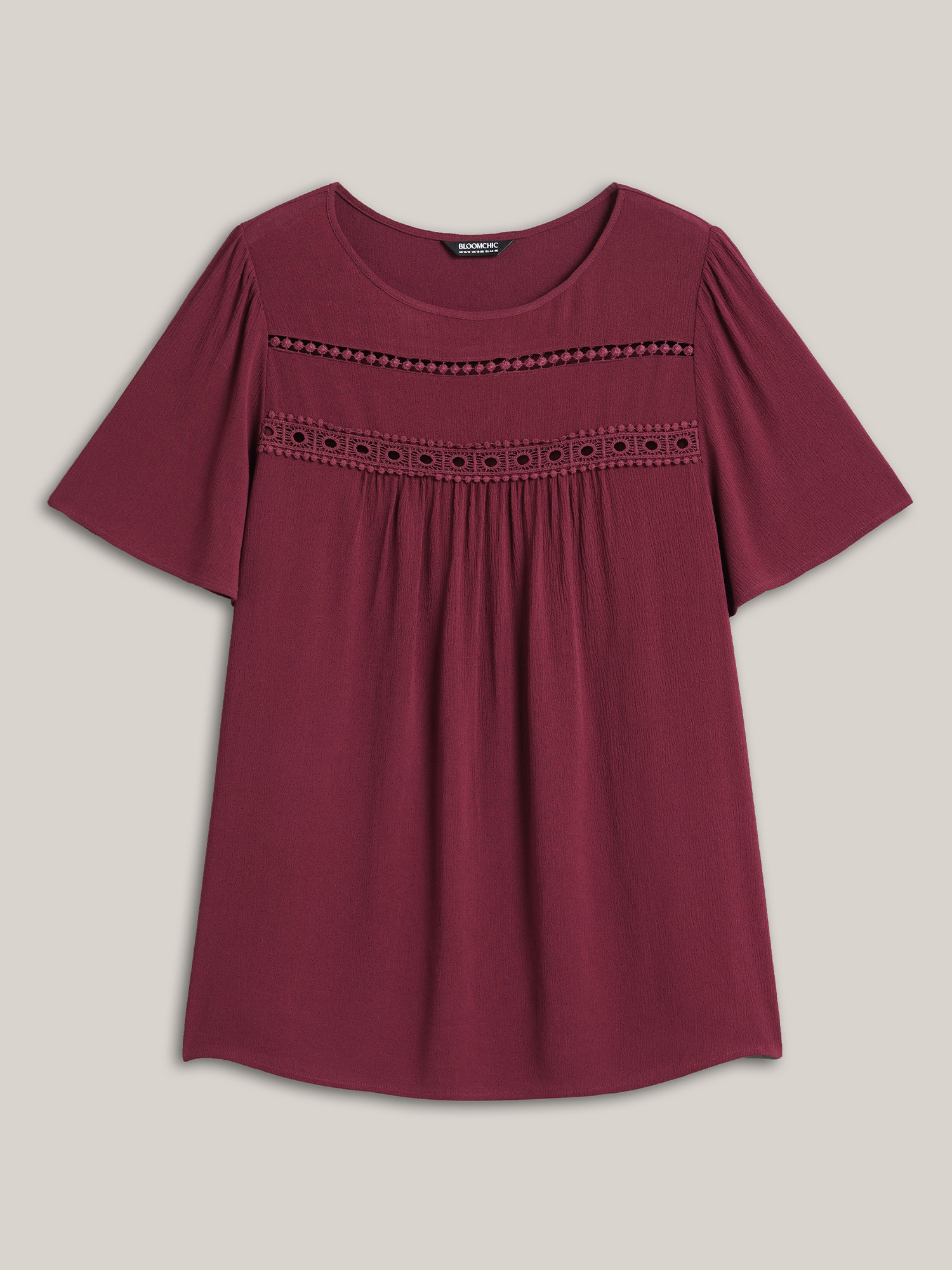 Plus Size Burgundy Lace Cut-Out Round Neck Pleated Shirt Women Elegant Short sleeve Round Neck Everyday Blouses BloomChic 30/6X 