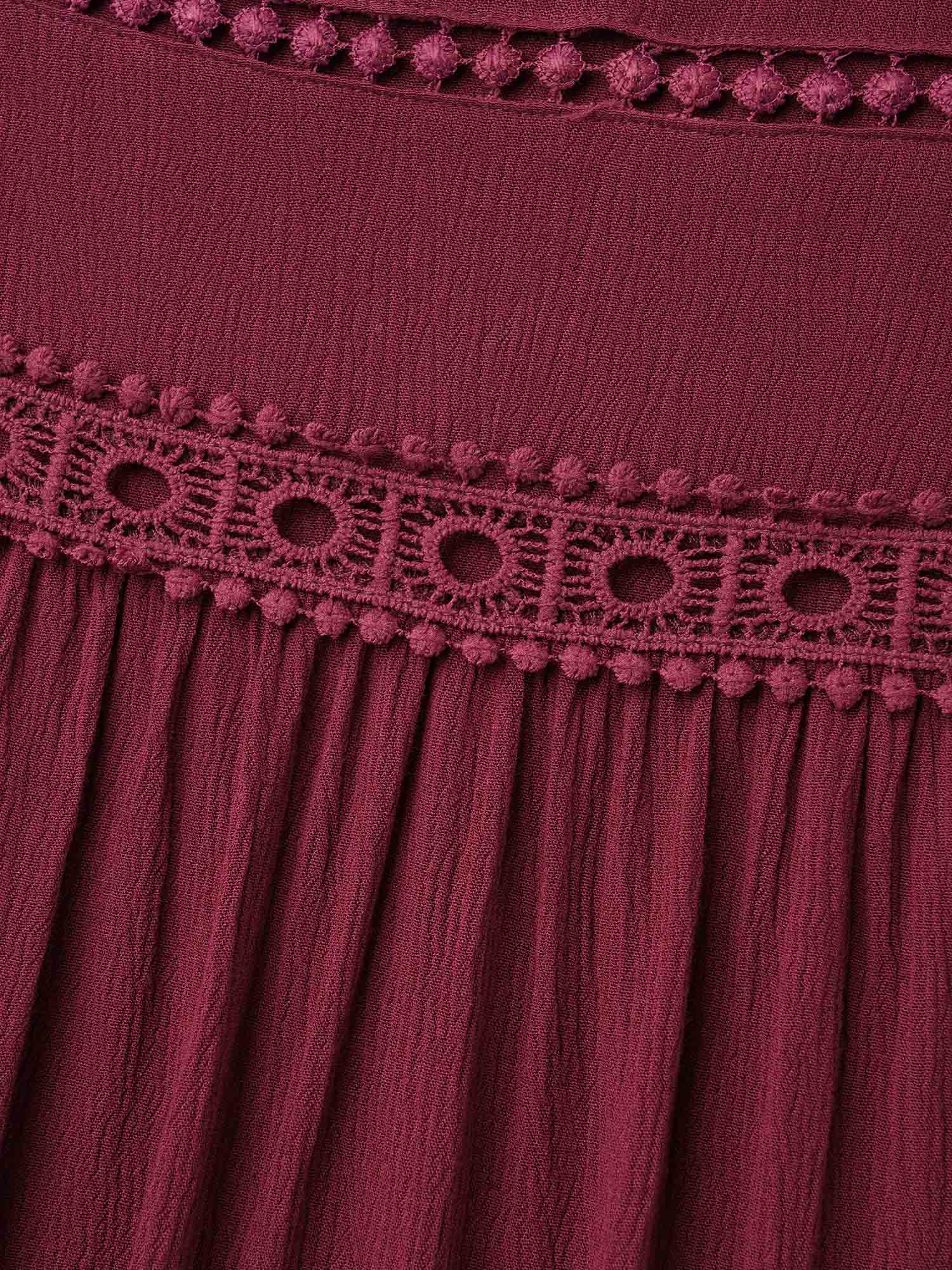 Plus Size Burgundy Lace Cut-Out Round Neck Pleated Shirt Women Elegant Short sleeve Round Neck Everyday Blouses BloomChic 30/6X 