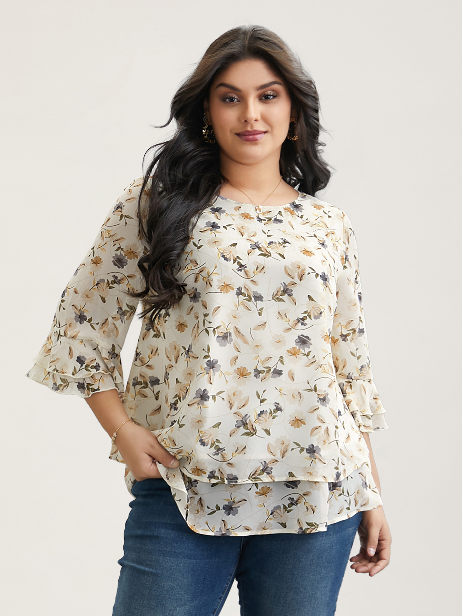 

Plus Size Ivory Chiffon Floral Print Layered Blouse Women Elegant Elbow-length sleeve Round Neck Everyday Blouses BloomChic