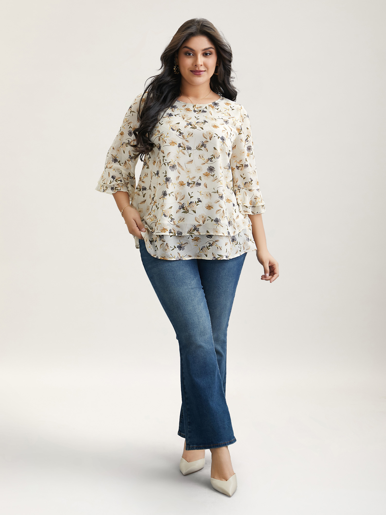 Plus Size Ivory Chiffon Floral Print Layered Blouse Women Elegant Elbow-length sleeve Round Neck Everyday Blouses BloomChic 18-20/2X 