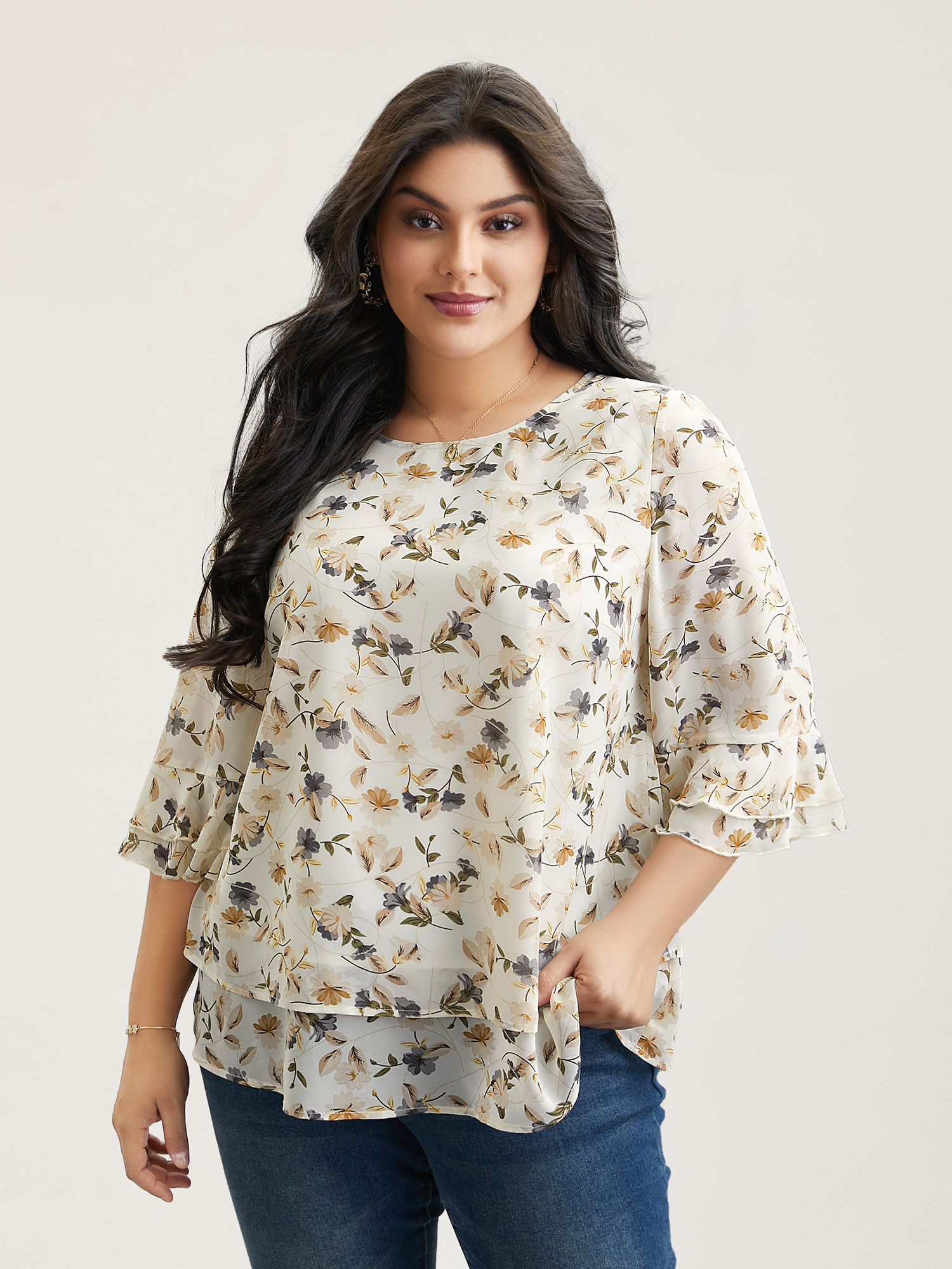 Plus Size Ivory Chiffon Floral Print Layered Blouse Women Elegant Elbow-length sleeve Round Neck Everyday Blouses BloomChic 18-20/2X 
