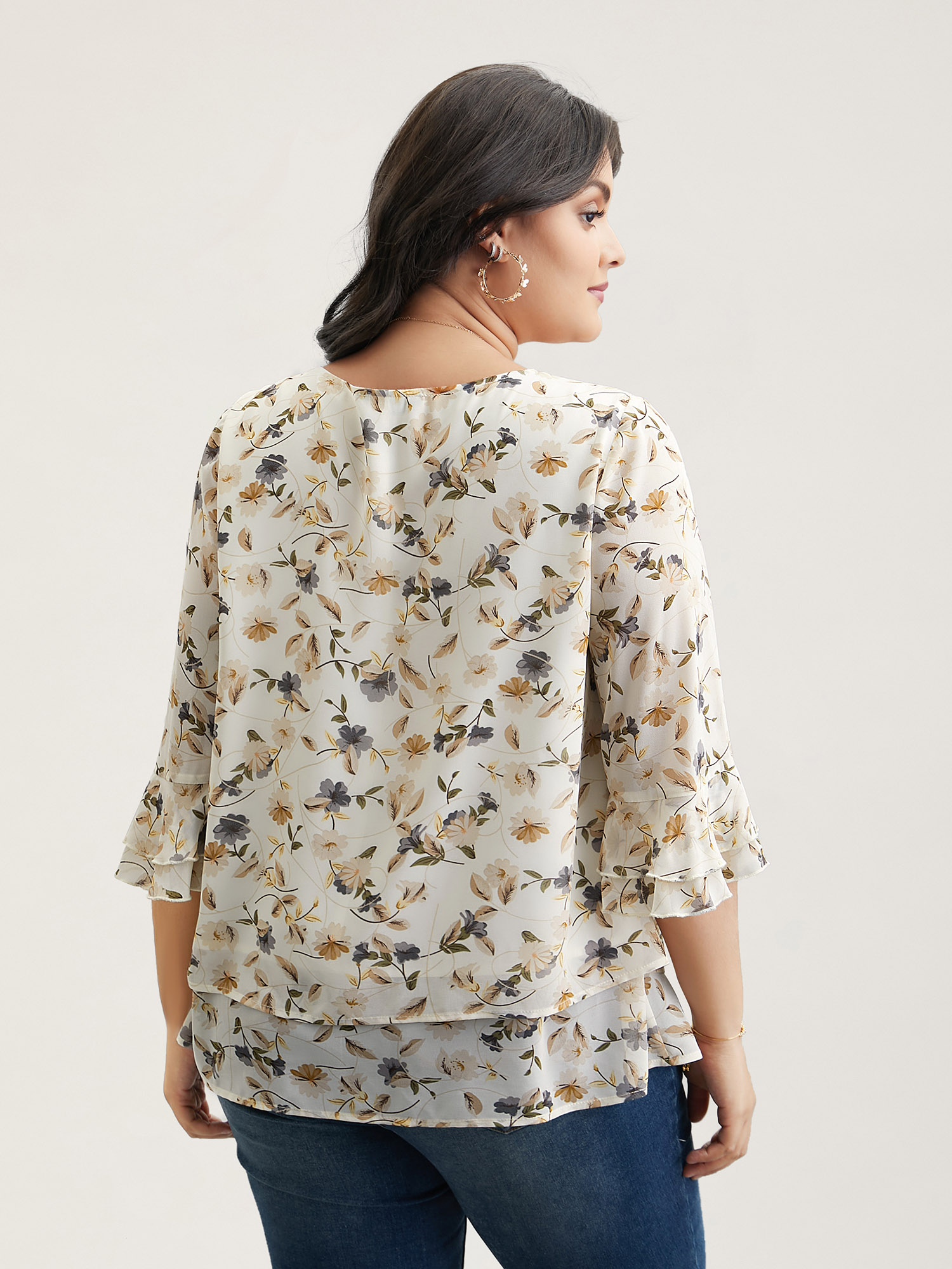 Plus Size Ivory Chiffon Floral Print Layered Blouse Women Elegant Elbow-length sleeve Round Neck Everyday Blouses BloomChic 18-20/2X 