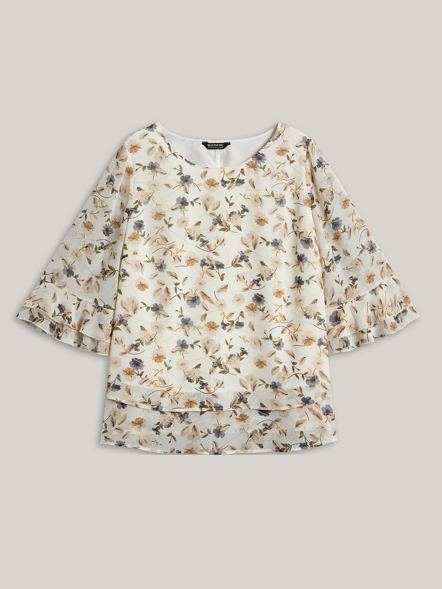 Plus Size Ivory Chiffon Floral Print Layered Blouse Women Elegant Elbow-length sleeve Round Neck Everyday Blouses BloomChic 18-20/2X 